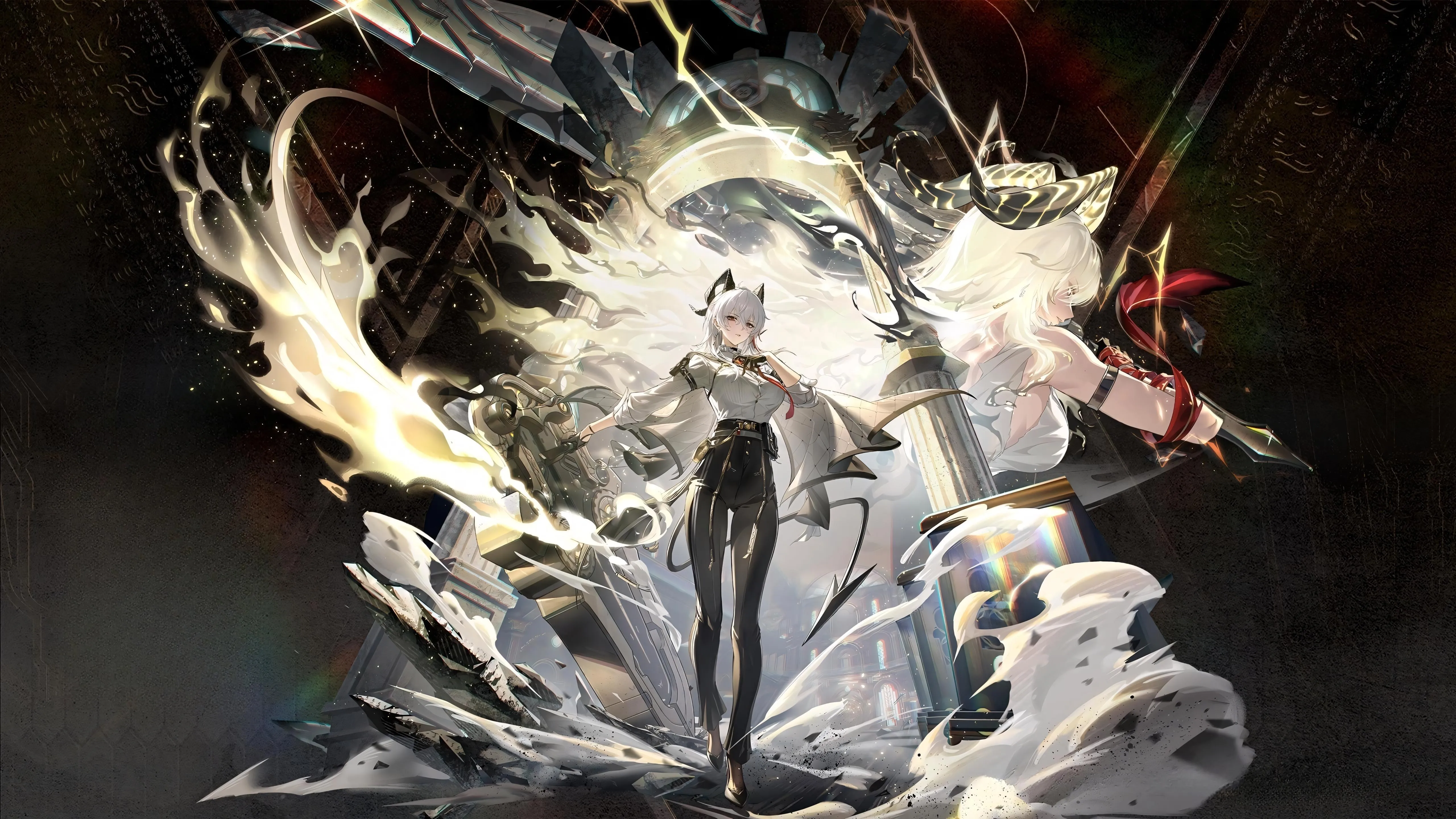 白发 短发 电子 游戏 女孩 呼啸波 扎尼 恶魔角 白衬衫 黑裤子 领带 恶魔 尾巴 4K壁纸