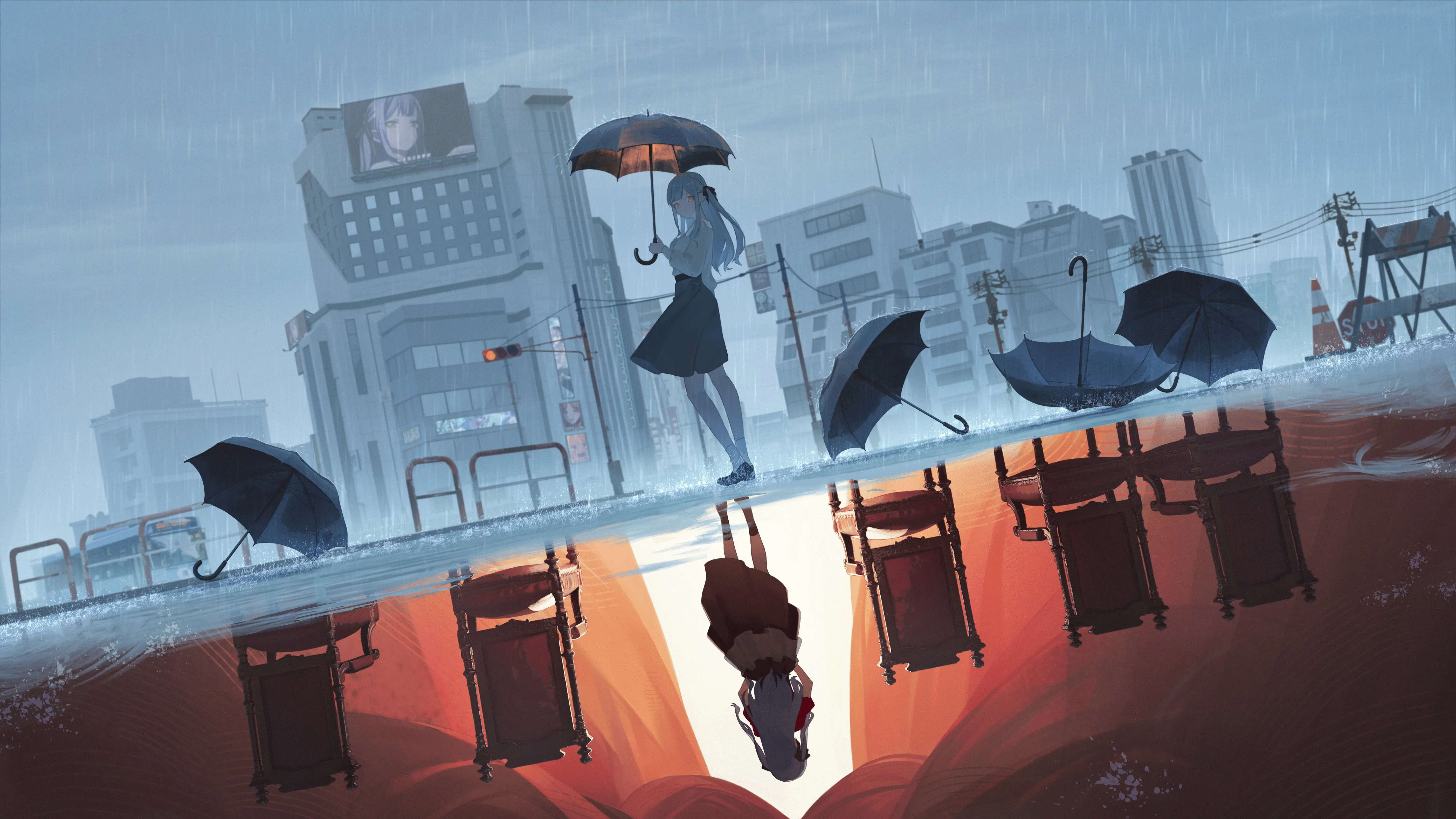 蓝发 长发 伞 镜子 城市 雨 红绿灯 4K壁纸