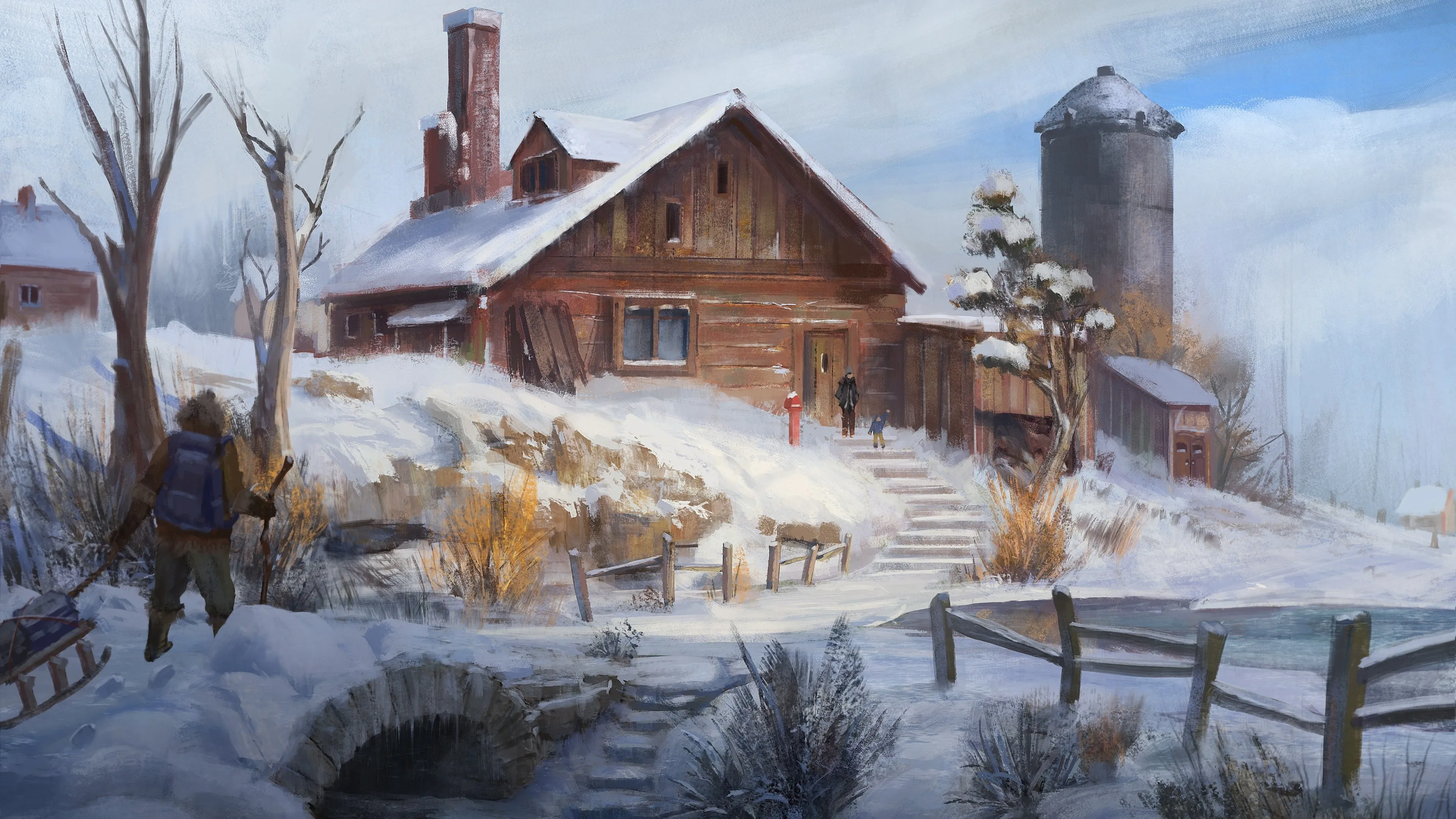 雪 楼梯 栅栏 雪橇 棚屋 4K壁纸