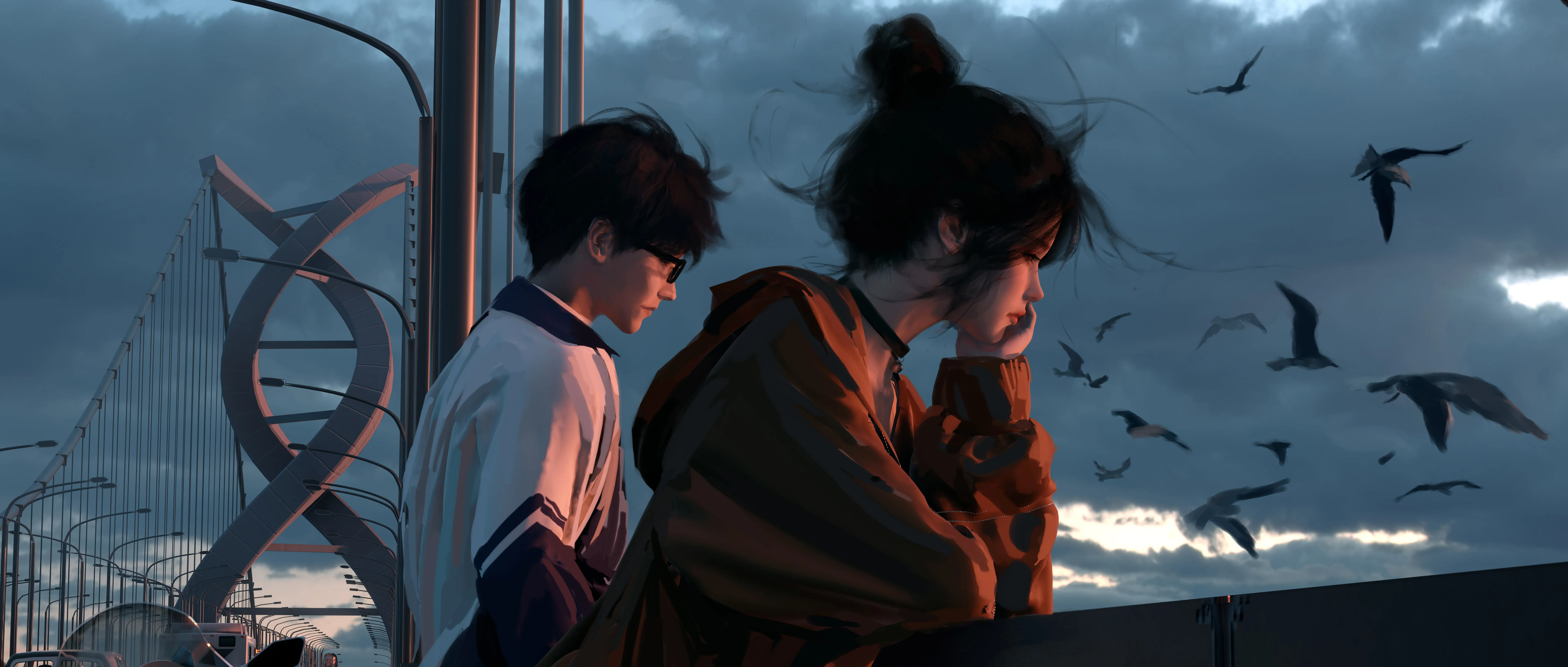 女人 发髻 户外 女人 男人 插图 天空 8K壁纸