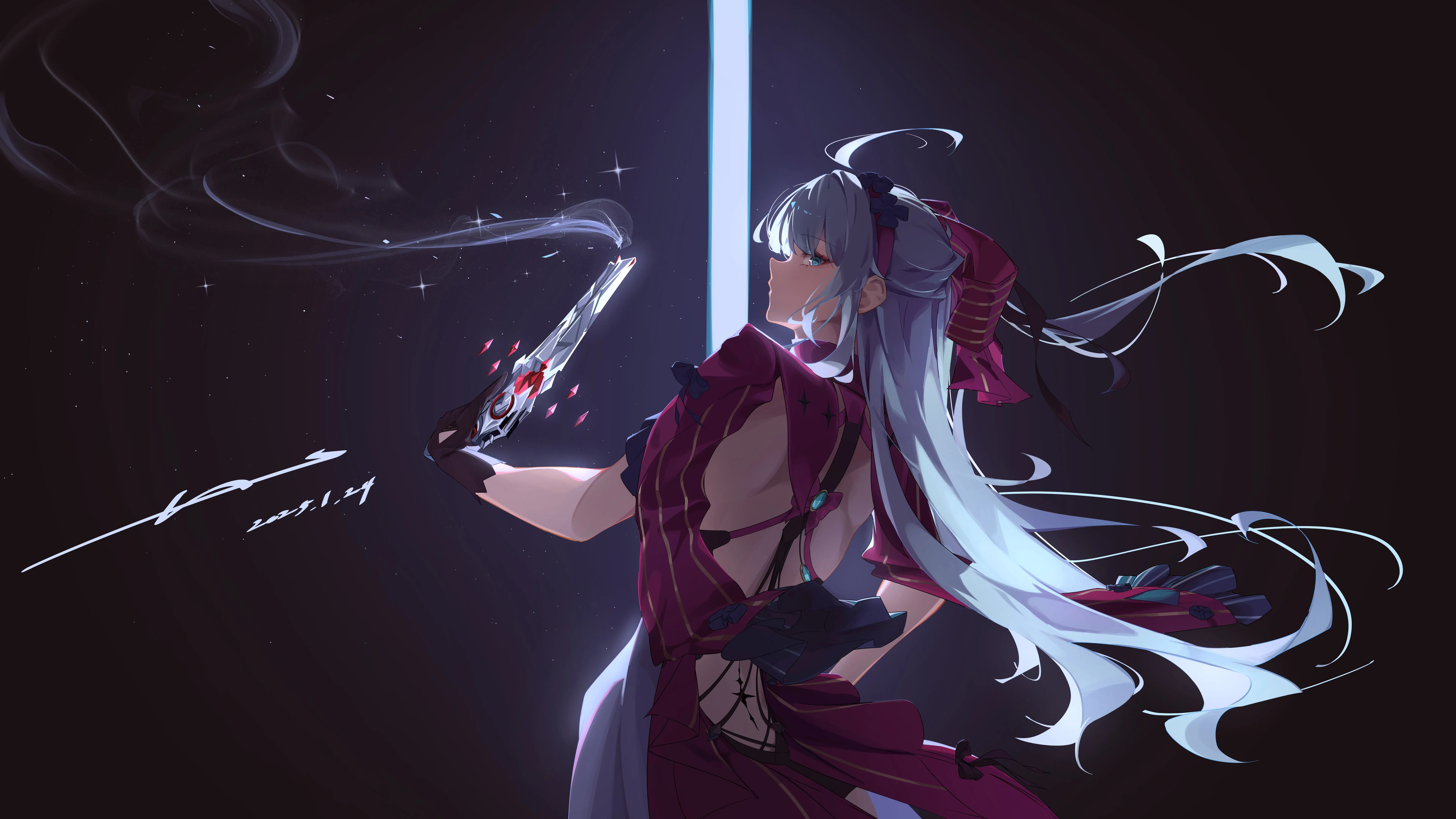 电子 游戏 人物 白发 长发 女孩 蓝眼睛 呼啸波 枪 简单背景 烟雾 发带 手套 连衣裙 黑手套 视频 8K壁纸