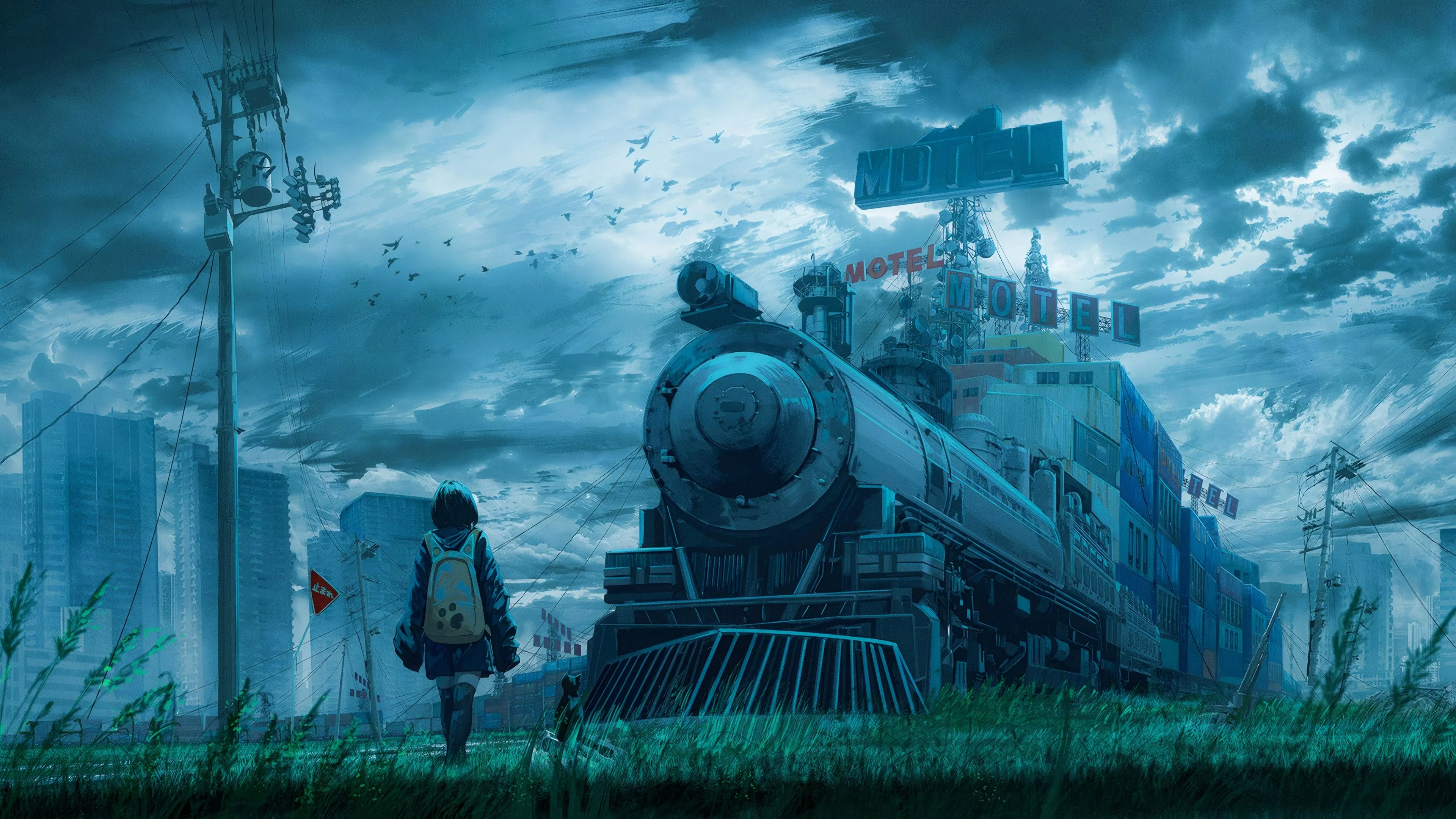 机车 汽车 旅馆 阴郁 电线杆 草 猫 招牌 云 鸟 蒸汽机 车 火车 4K壁纸