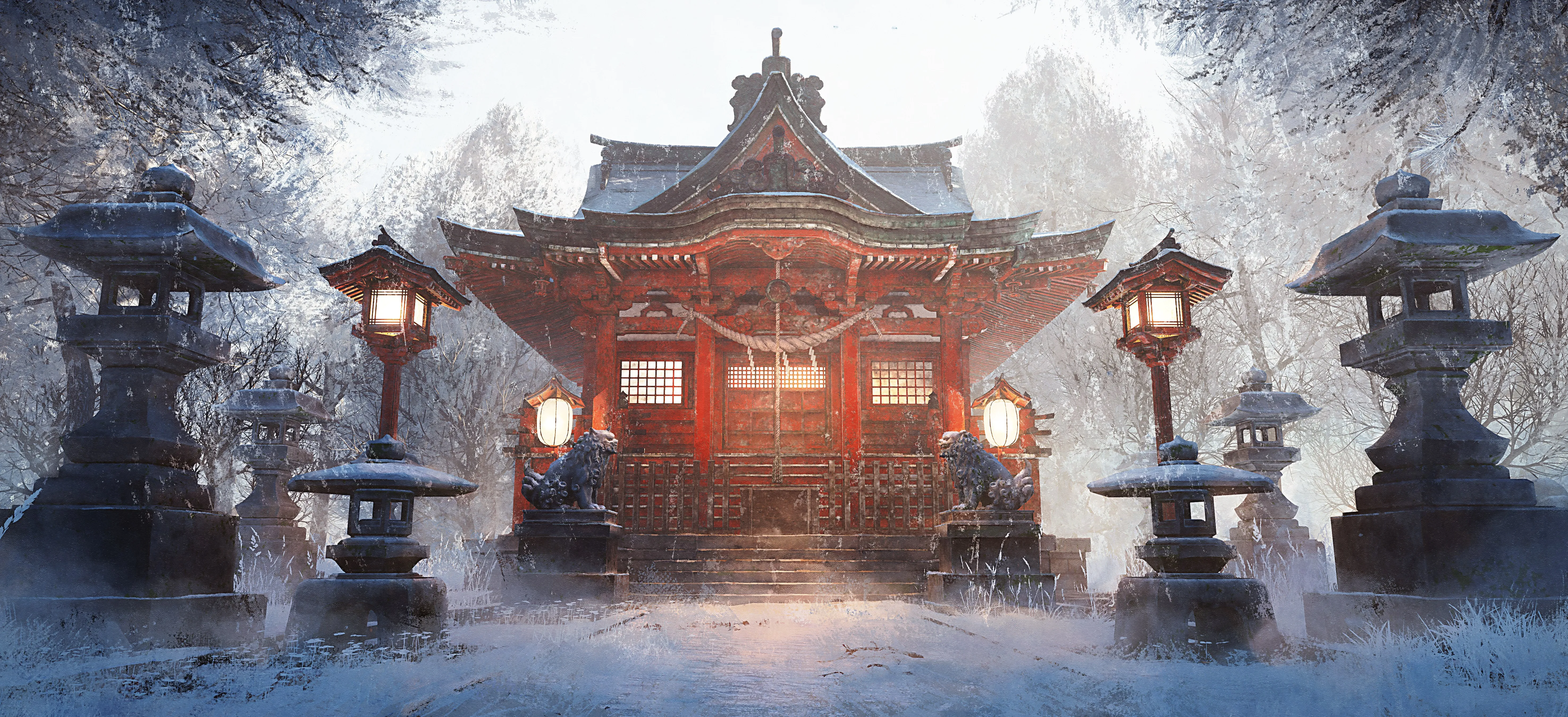 建筑 雾 雪 树木 灯笼 超宽 数字艺术 台阶 雕像 绳索 4K壁纸