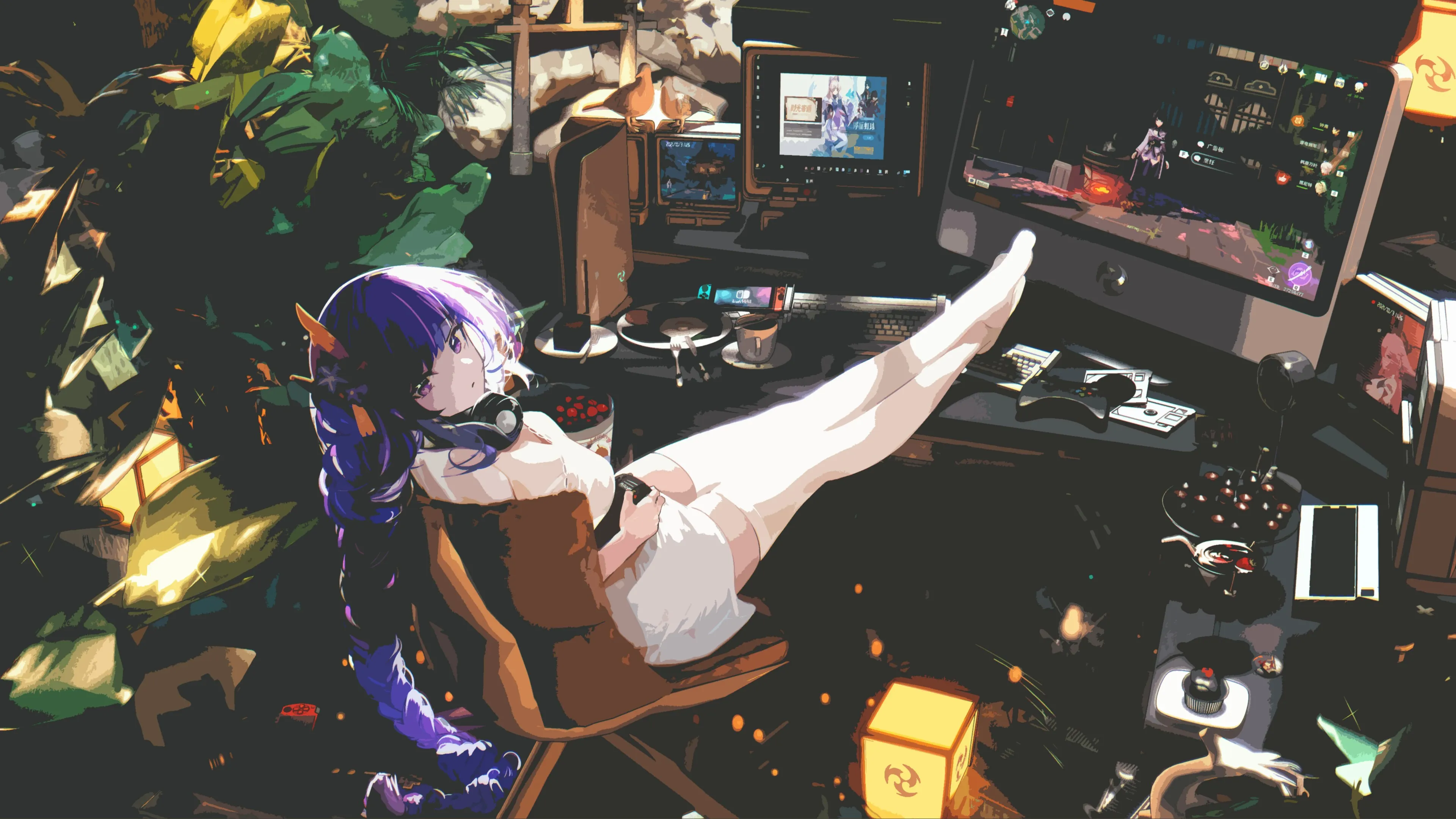 女性 蓝头发 马尾辫 游戏 玩家 紫头发 坐着 绘画 动漫 女孩 白色连衣裙 插图 白色丝袜 游戏室 4K壁纸