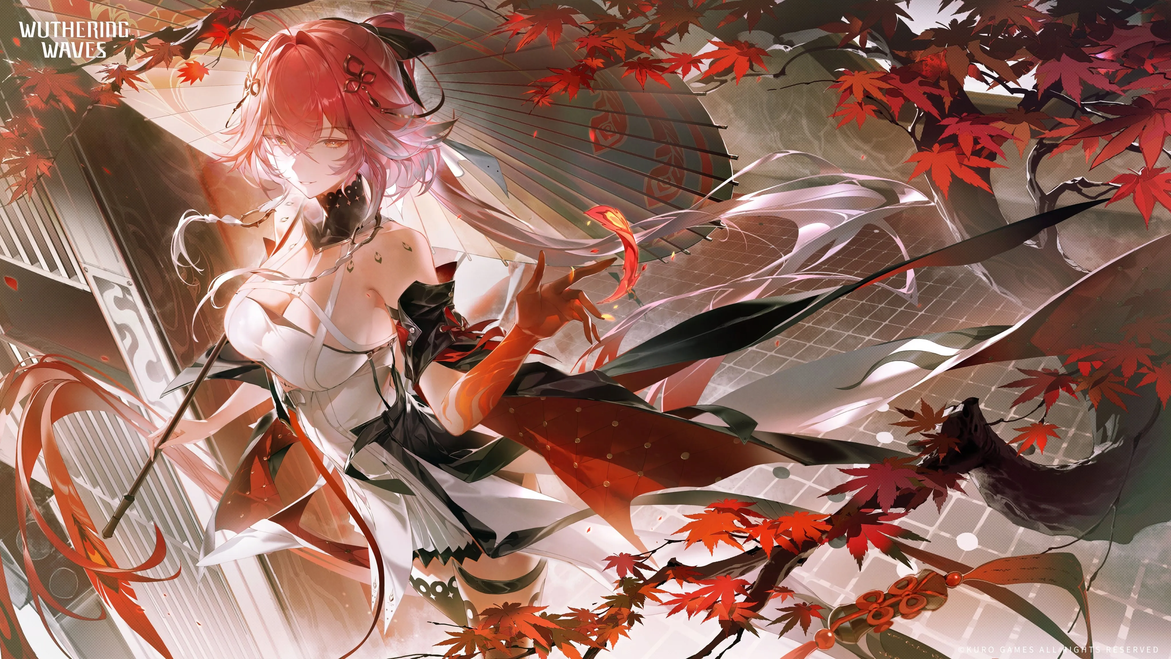 电子 游戏 人物 微笑 站立 长发 呼啸波 昌里 伞 连衣裙 发带 高跟鞋 枫叶 树叶 动漫 女孩 4K壁纸