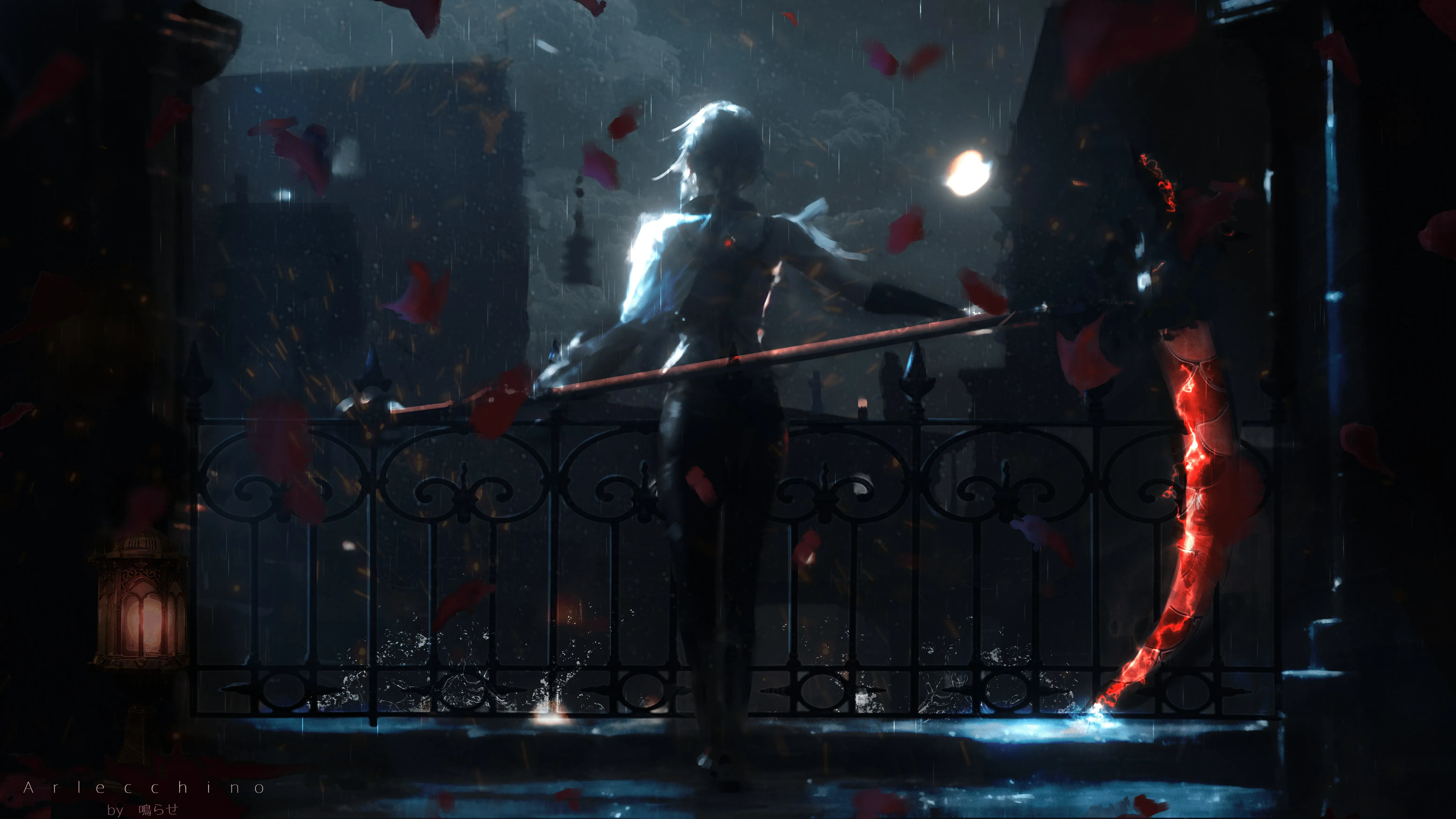 白发 插图 镰刀 现实 雨 夜 4K壁纸