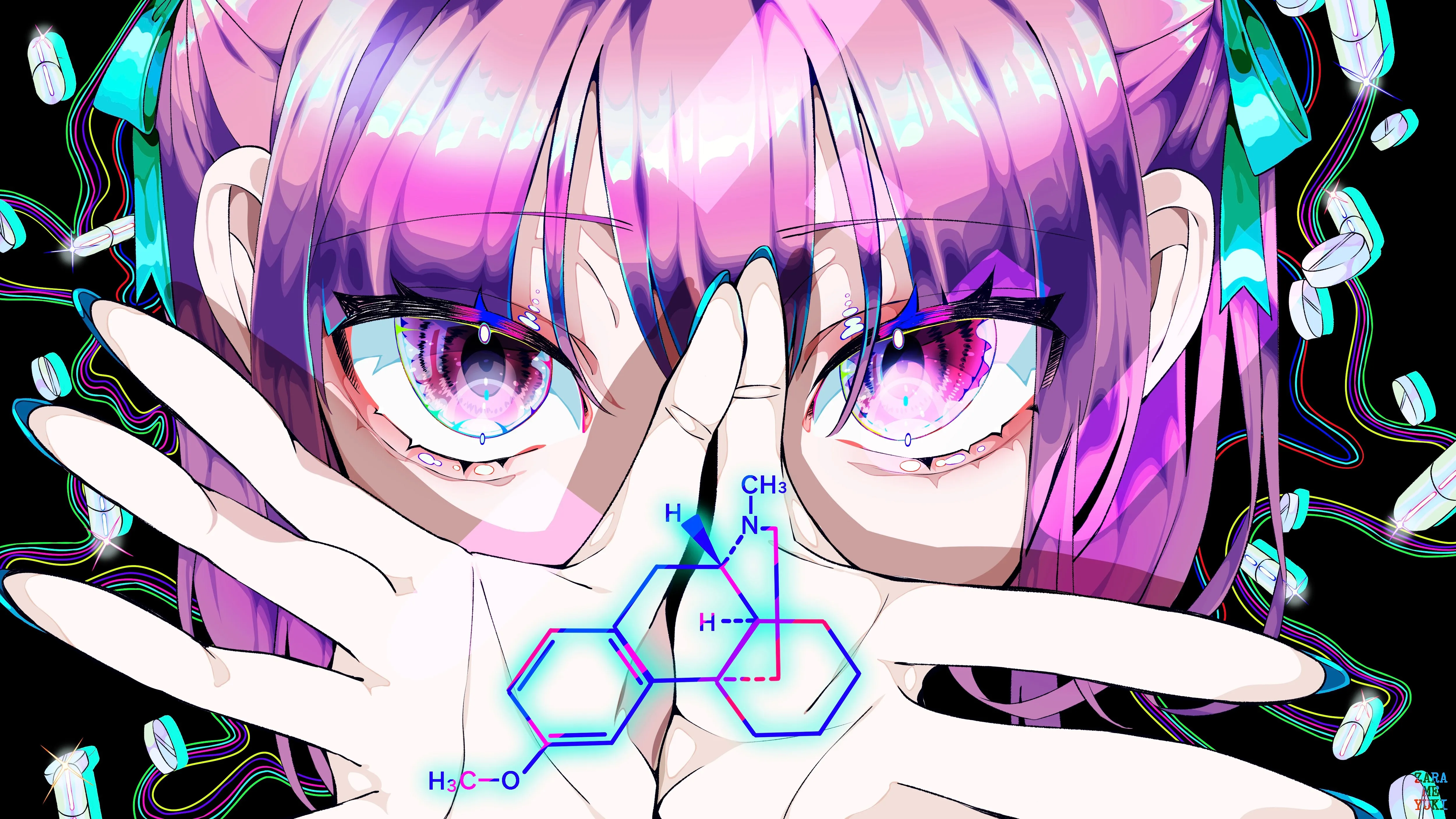 紫色头发手 手指 短发 脸 指甲 动漫 女孩 药物 化学结构 黑色背景 分子模型 药丸 眼睛特写 4K壁纸