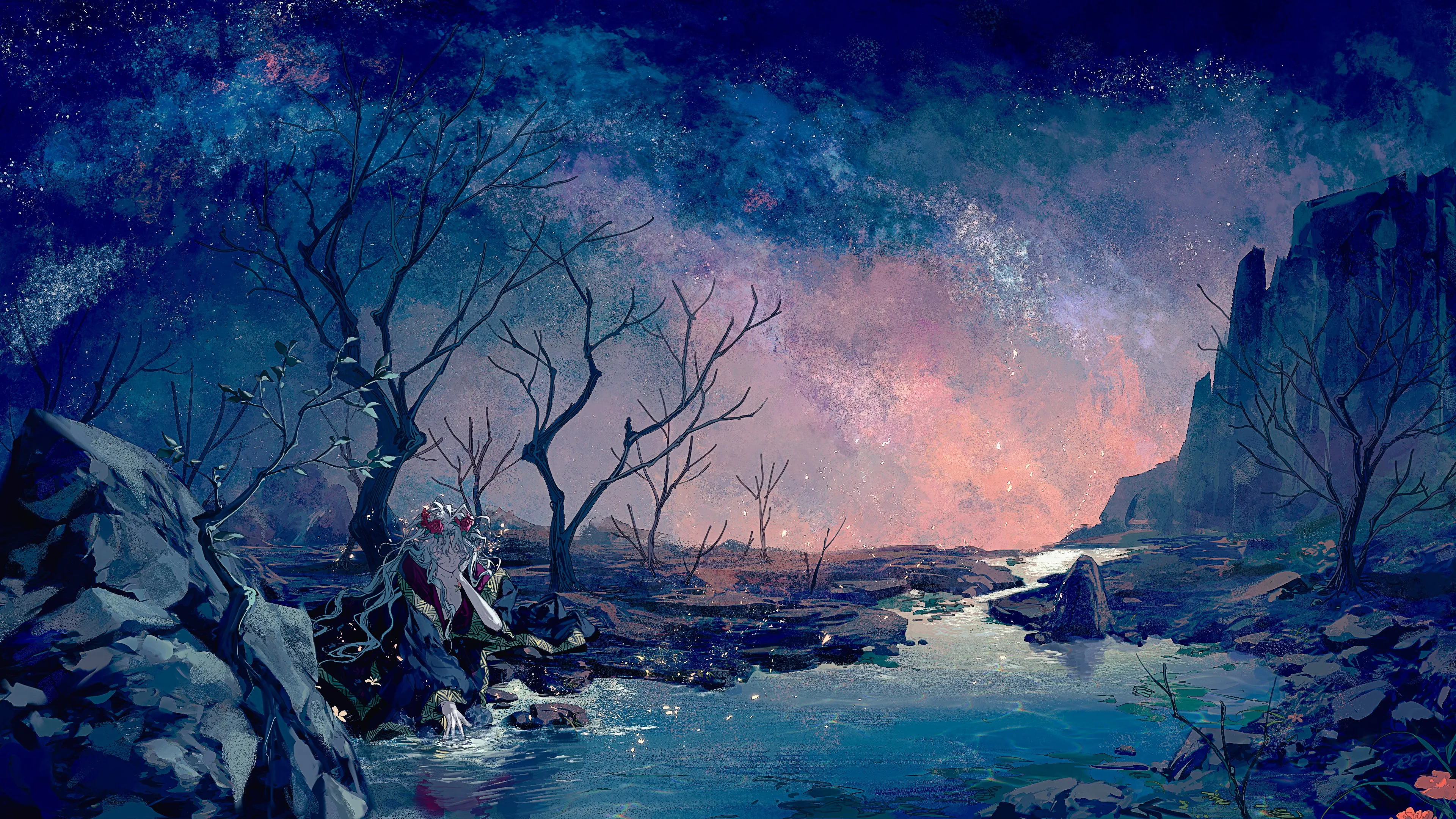 户外 男人 长发 头饰 星空 树木 星星 夜天 空水 岩石 河流 动漫 男孩 树 4K壁纸