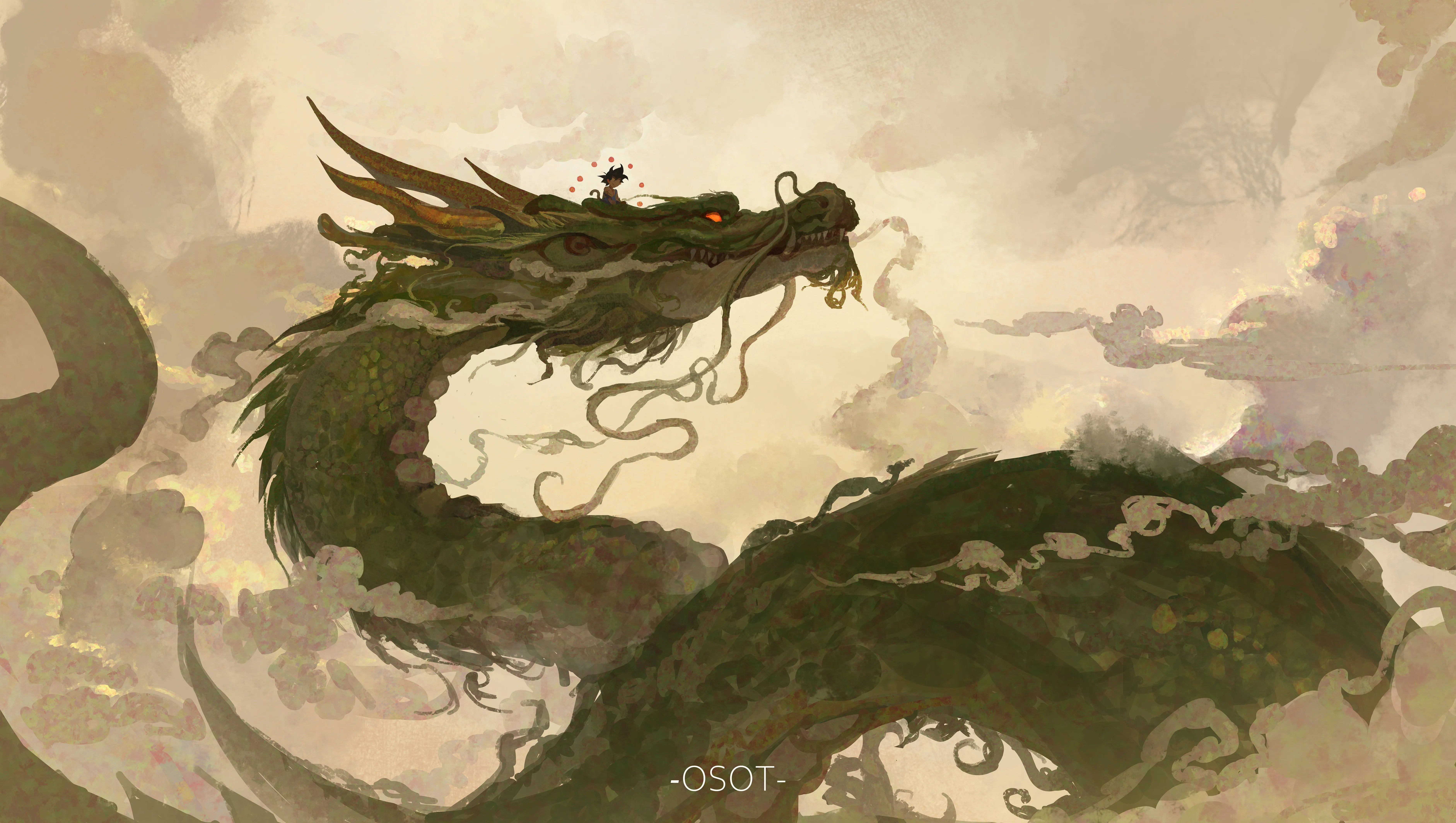 坐着 短发 动漫 男孩 龙珠 神龙 孙悟空 黑发 龙 发光 云 4K壁纸