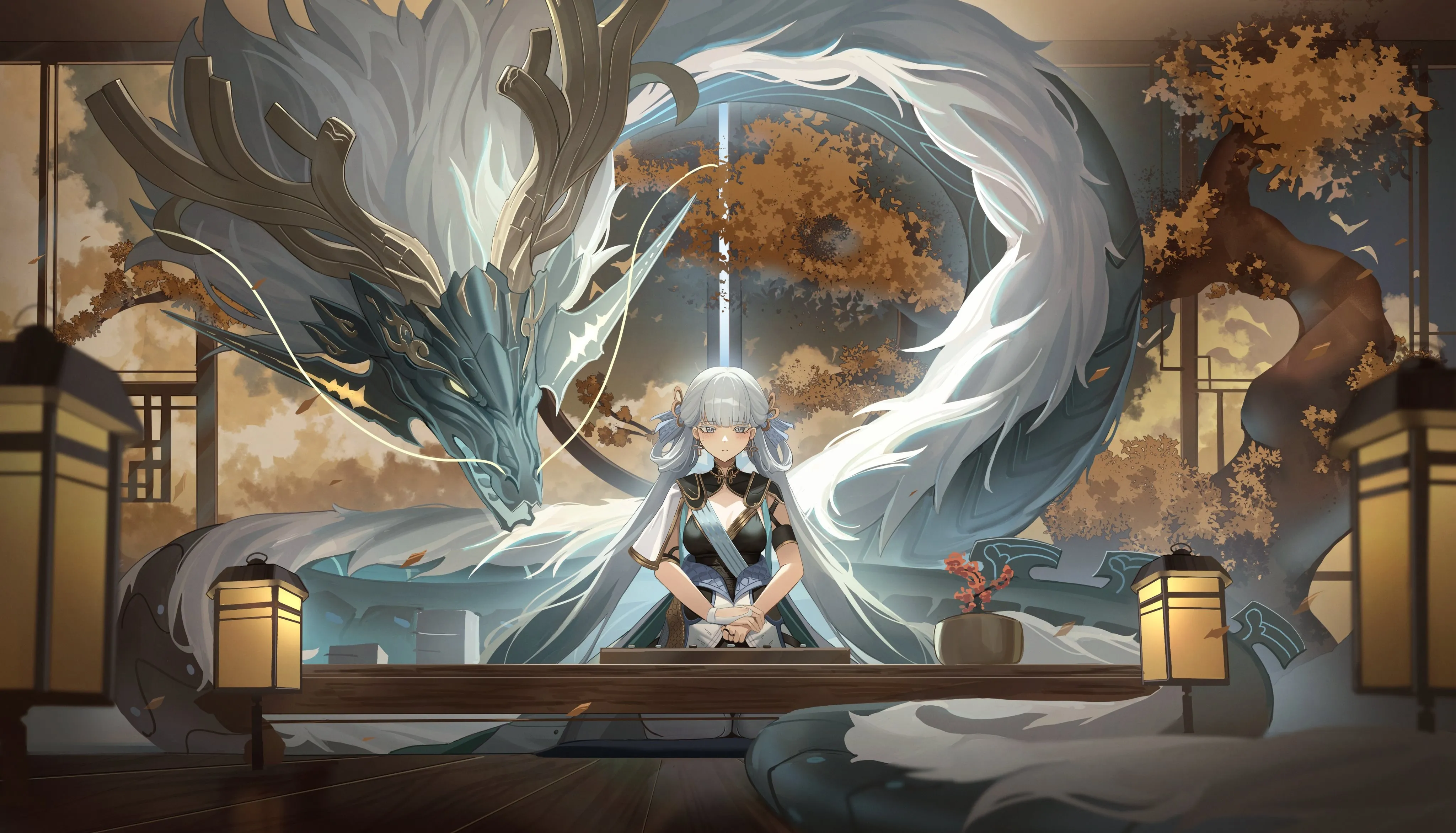 坐着 白发 长发 泪痣 微笑 跪着 刘海 动漫 女孩 呼啸波 龙 连衣裙 耳环 灰色头发 头饰 珠宝 灯笼 丝带 树木 双胞胎 围棋 4K壁纸