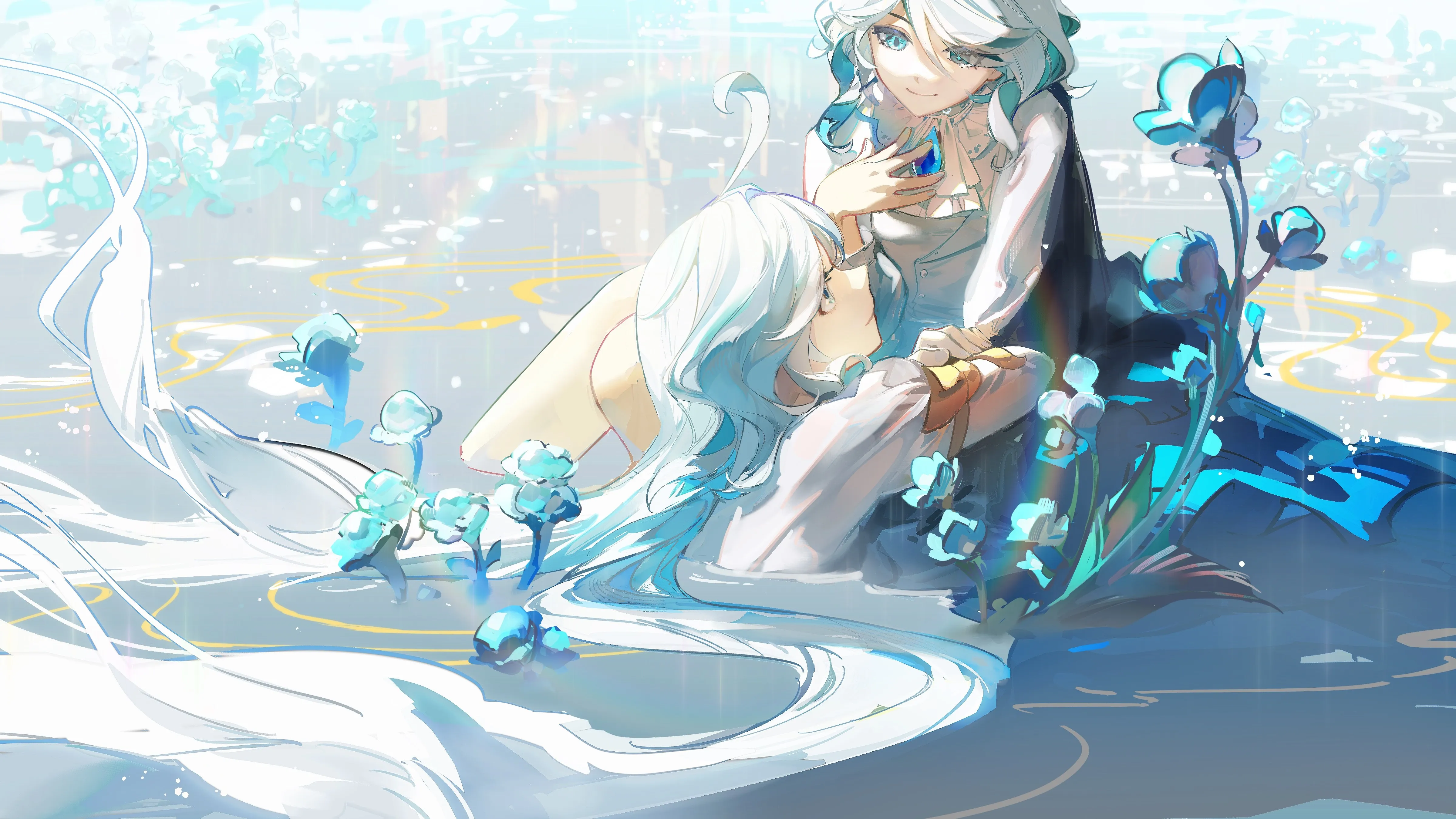 蓝色头发 长发 动漫 动漫女孩 水 阳光 宝石 4K壁纸