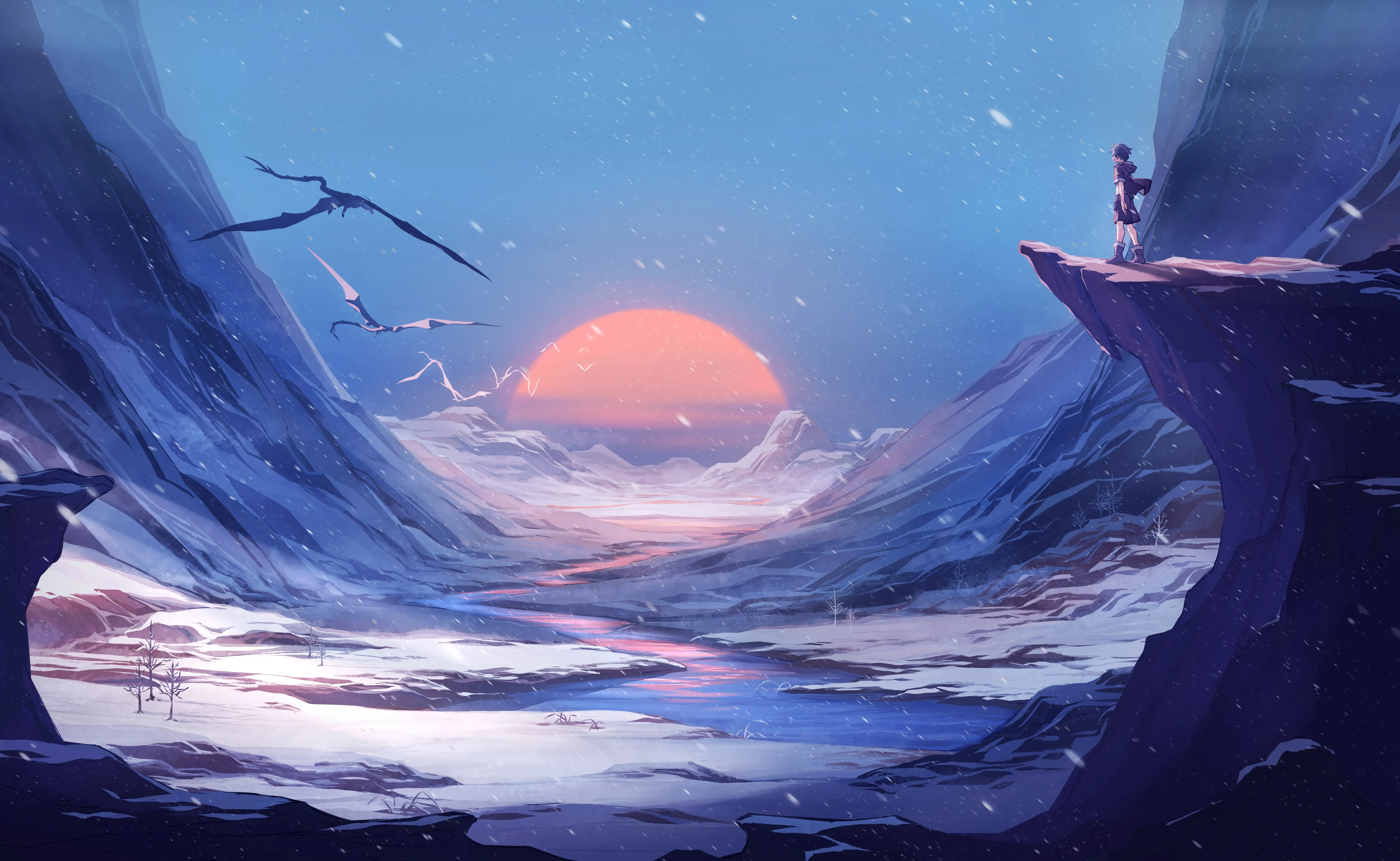 艺术品 雪 日落 山脉 风景 河流 4K壁纸