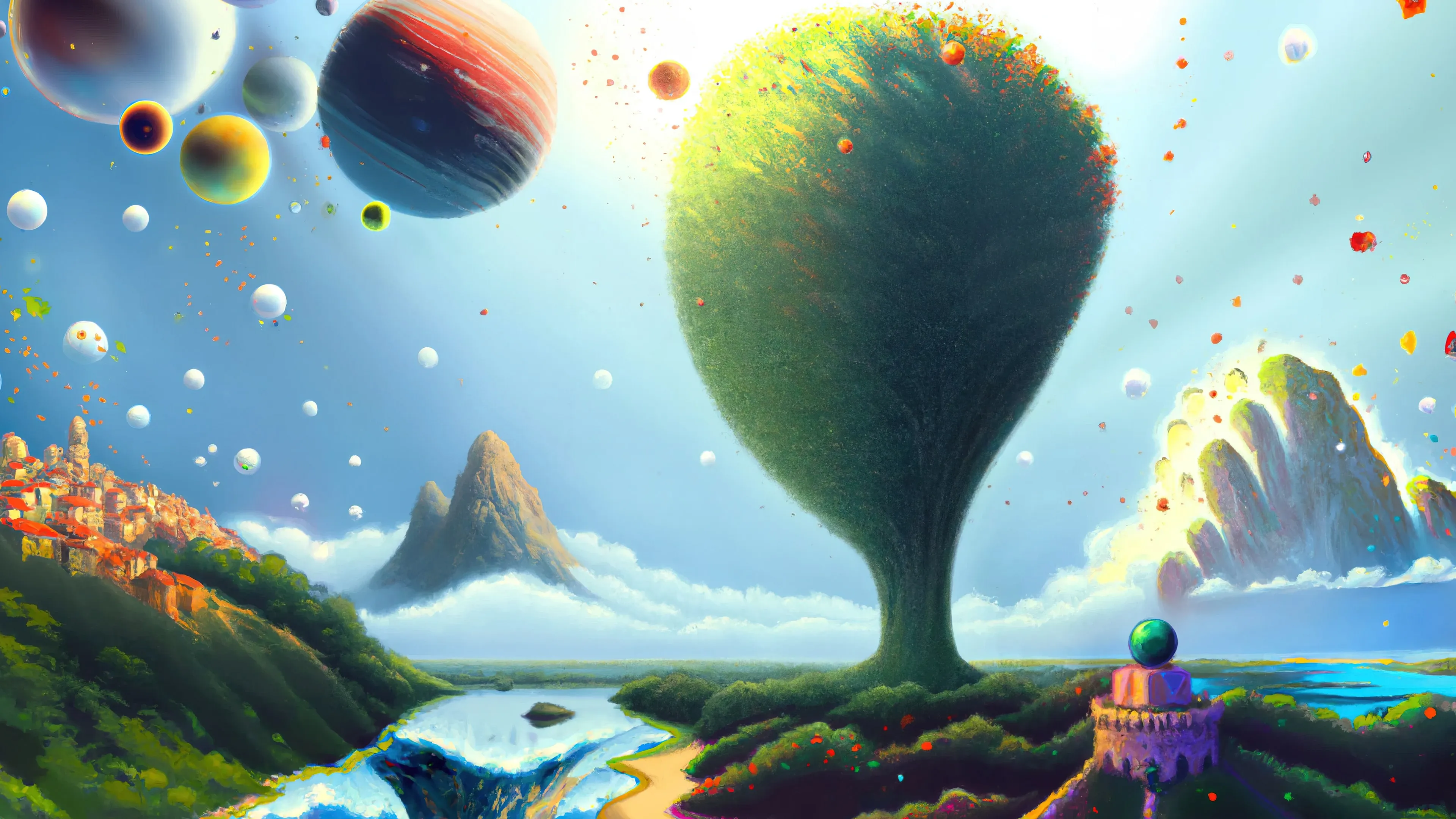 艺术 绘画 幻想艺术 风景 树木 村庄 城镇 山 湖 行星 电脑壁纸 4K壁纸