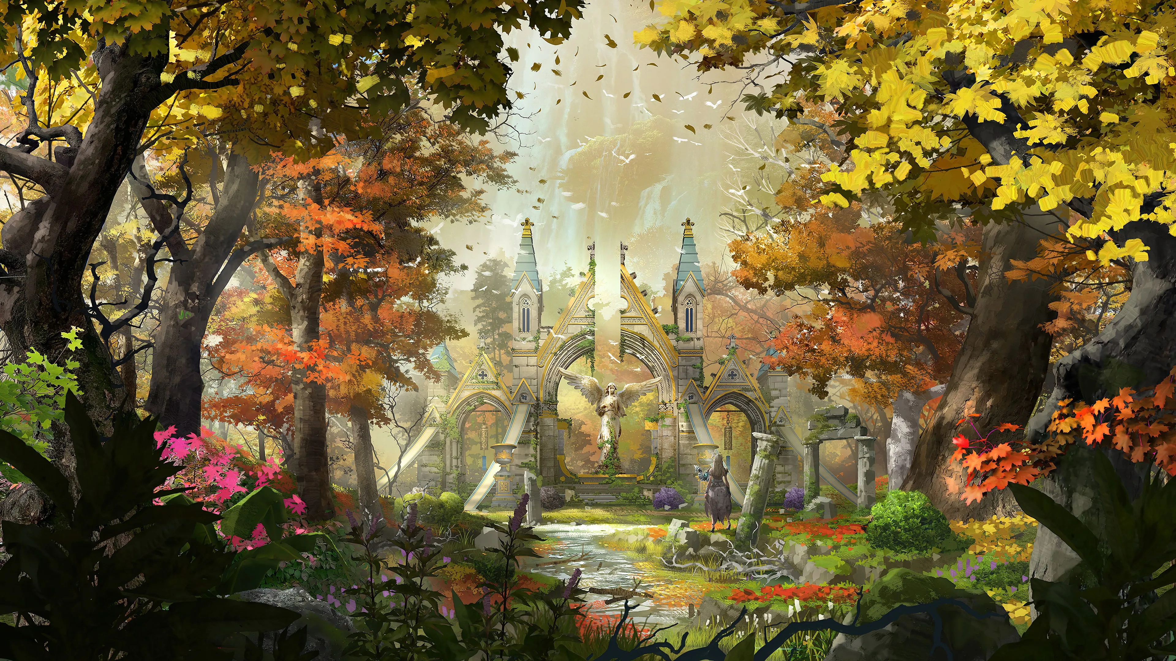 AI艺术 建筑 幻想艺术 树木 树叶 城堡 秋天 自然 雕塑 落叶 天使 电脑壁纸 4K壁纸