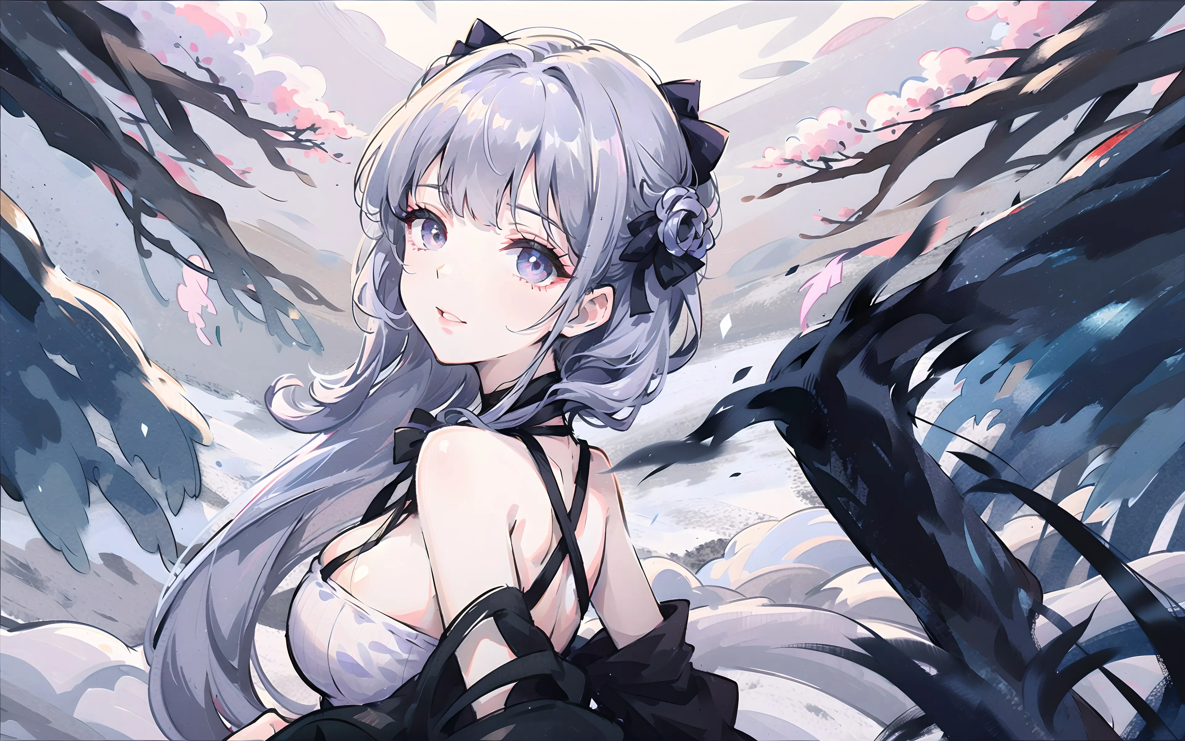 长发 艺术 银发 动漫女孩 雪 树枝 鲜花 紫色眼睛 4K壁纸