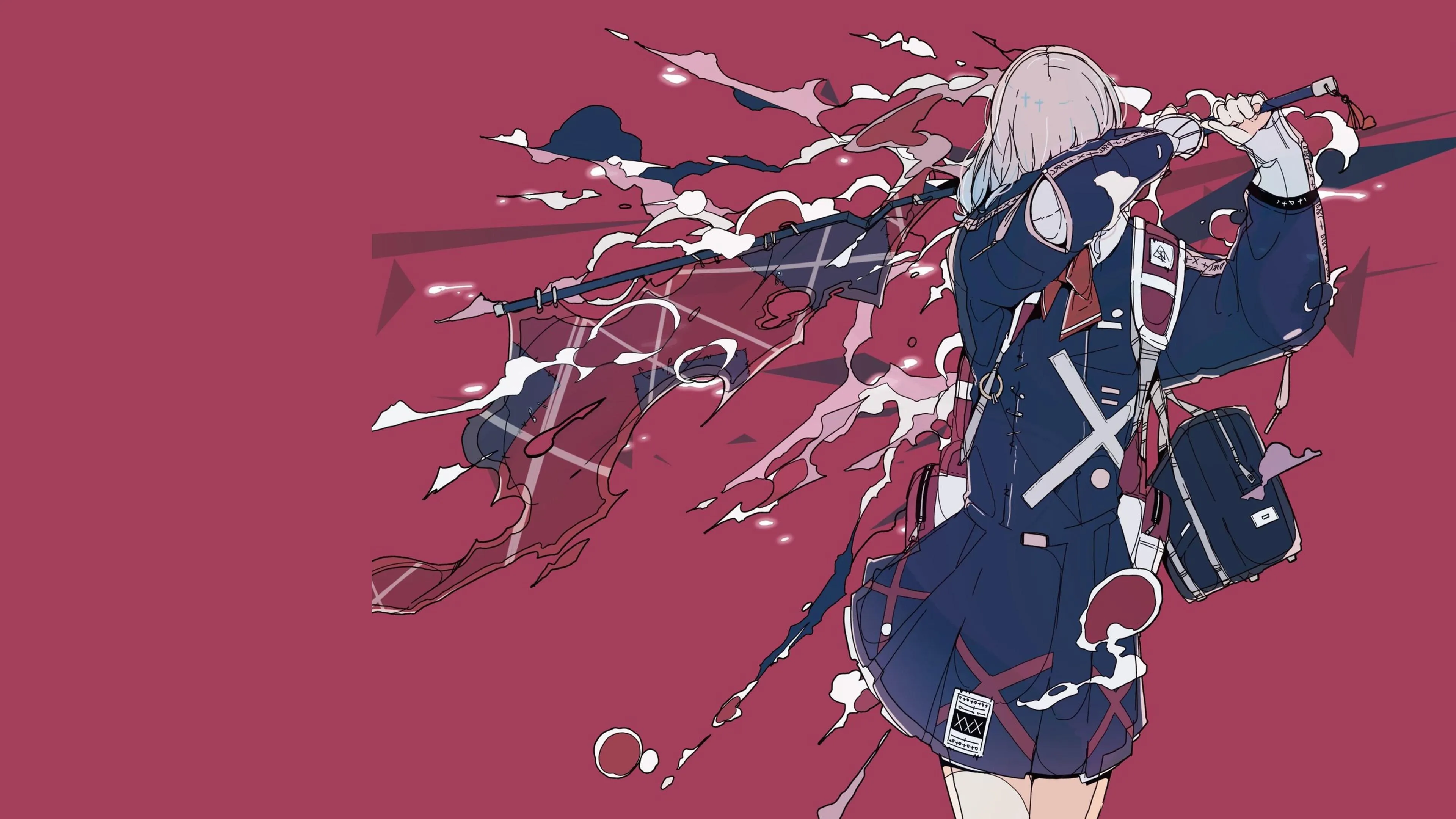 原创人物 动漫女孩 红色背景 简单背景 极简主义 背包 4K壁纸