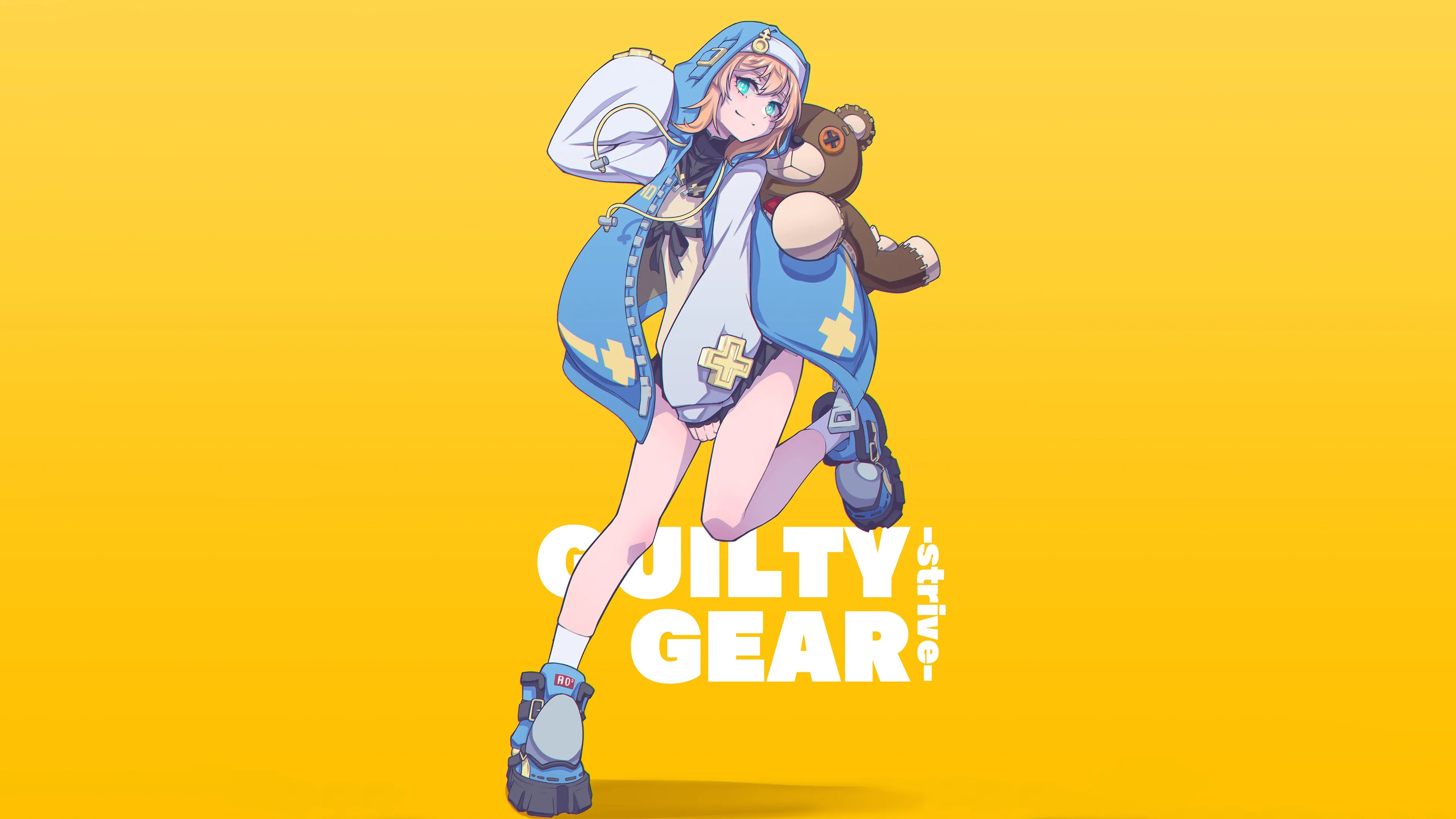 金发女郎 蓝眼睛 动漫 蓝色连帽衫 白色袜子 迷你裙 简单背景 黄色背景 AI艺术 4K壁纸