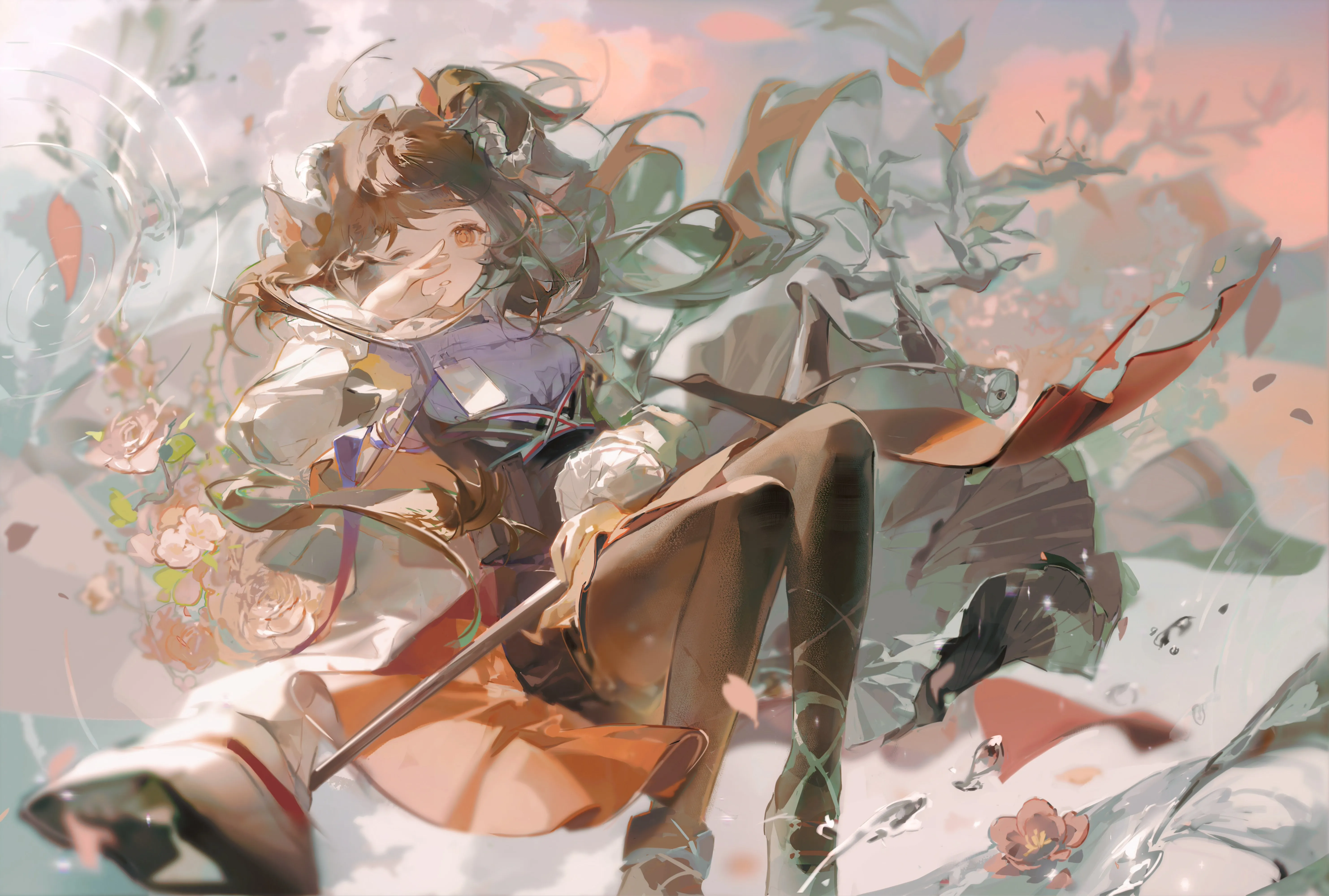 长发 动漫 动漫女孩 水 花 花瓣 AI艺术 4K壁纸