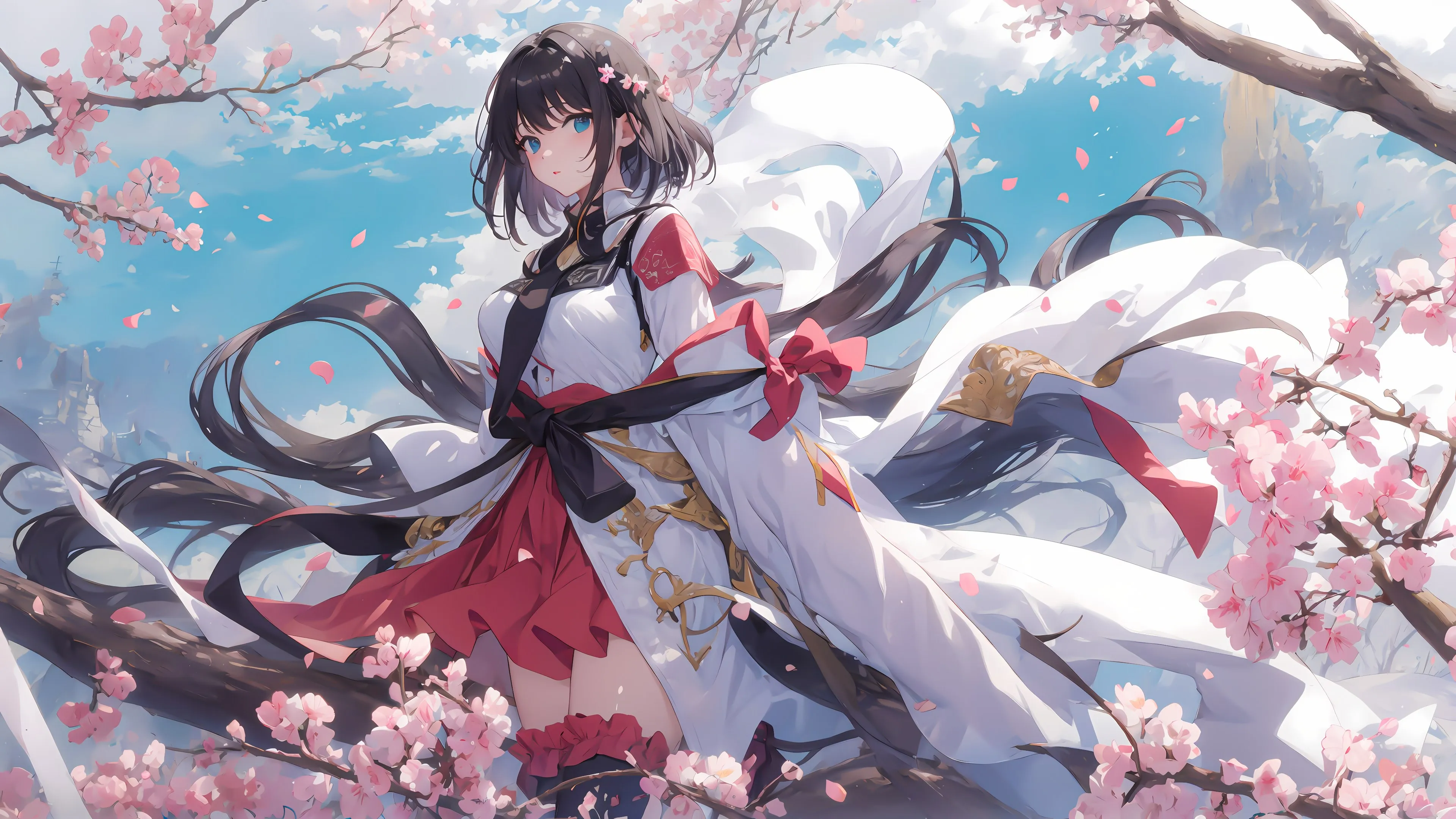 长发 短发 深色头发 艺术 迷你裙 连衣裙 樱花 发饰 花瓣 花朵 树枝 天空 风 动漫 女孩 4K壁纸