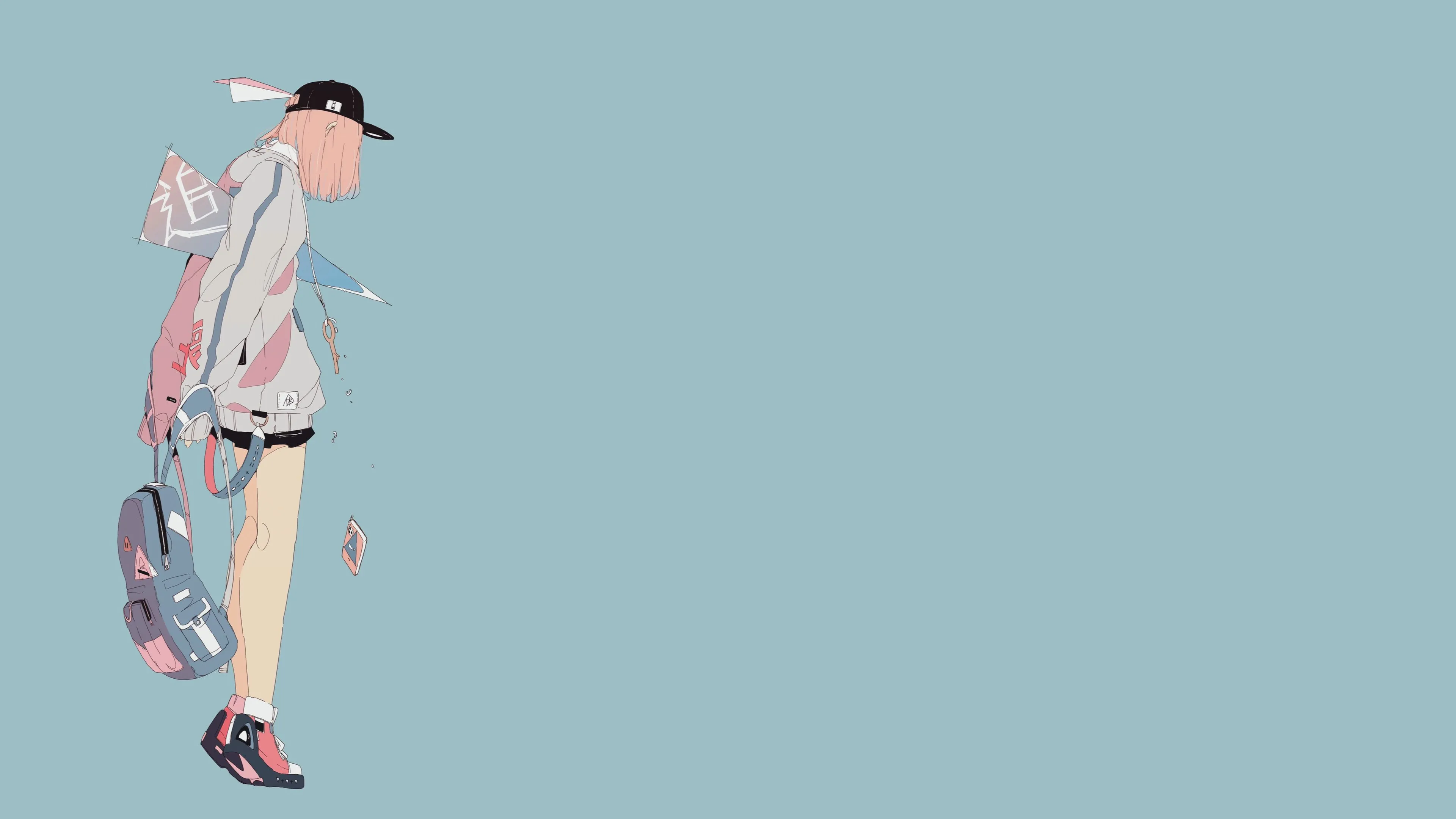 原创 人物 粉色头发 大熊猫 蓝色背景 粉笔 动漫 女孩 纸飞机 4K壁纸
