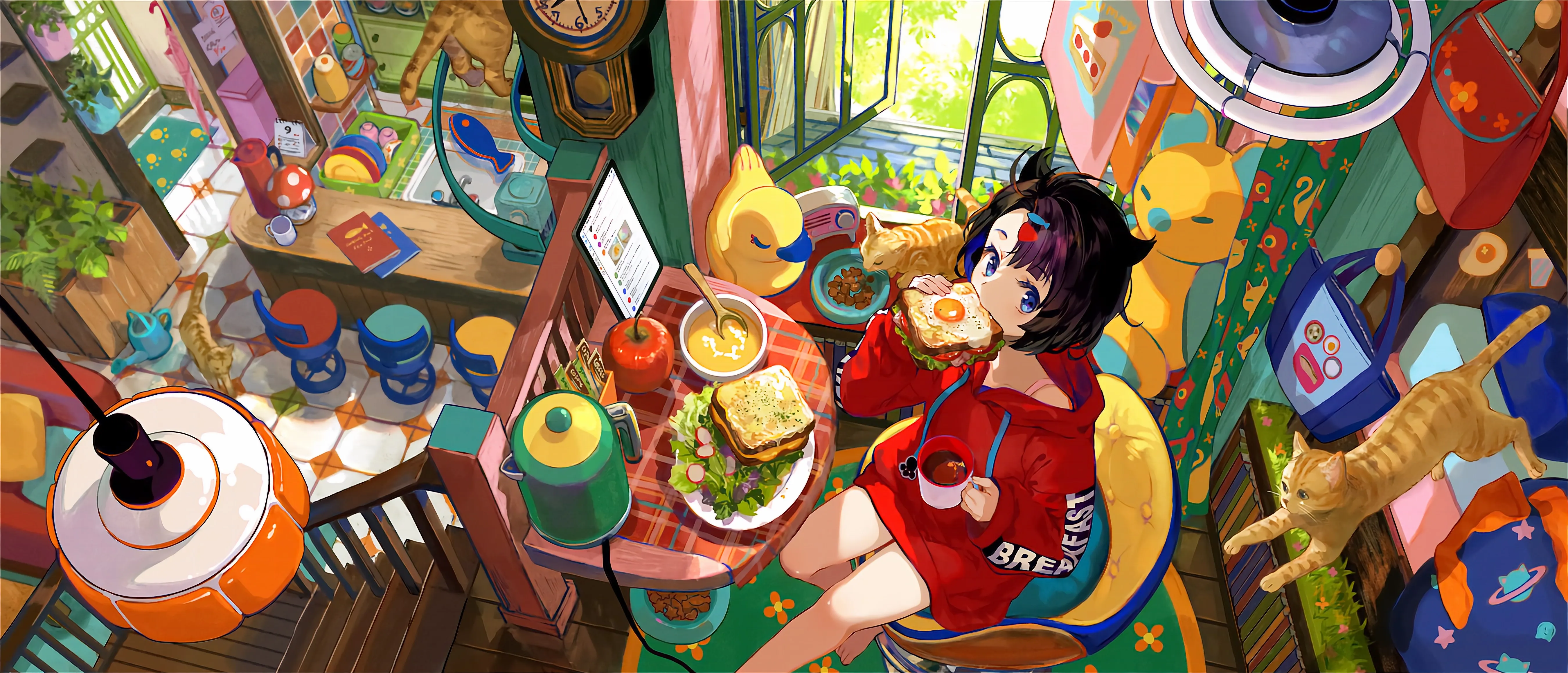 动漫 女孩 插图 鸟瞰 4K壁纸