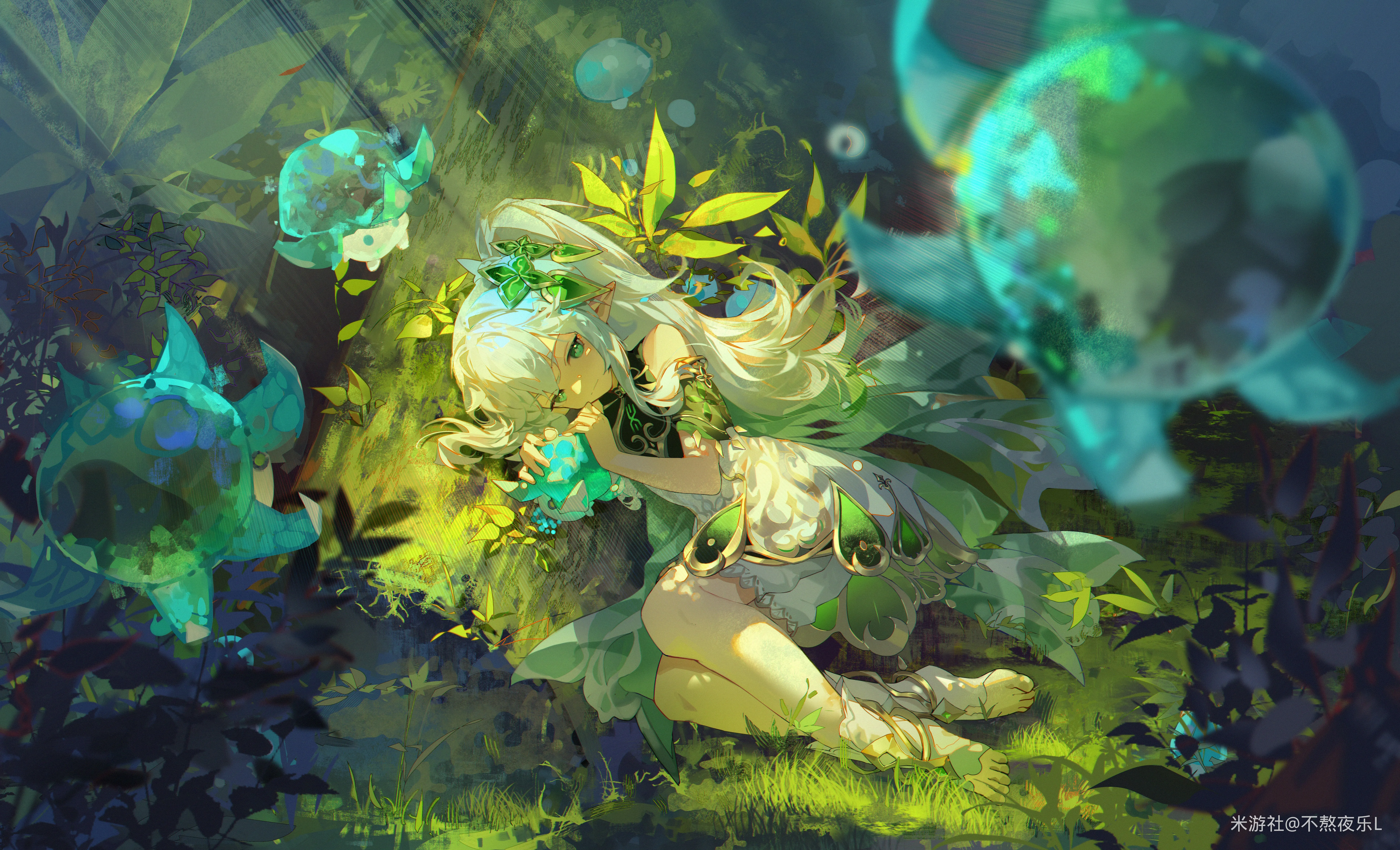 长发 绿色眼睛 动漫 女孩 草 树叶 兽耳 8K壁纸