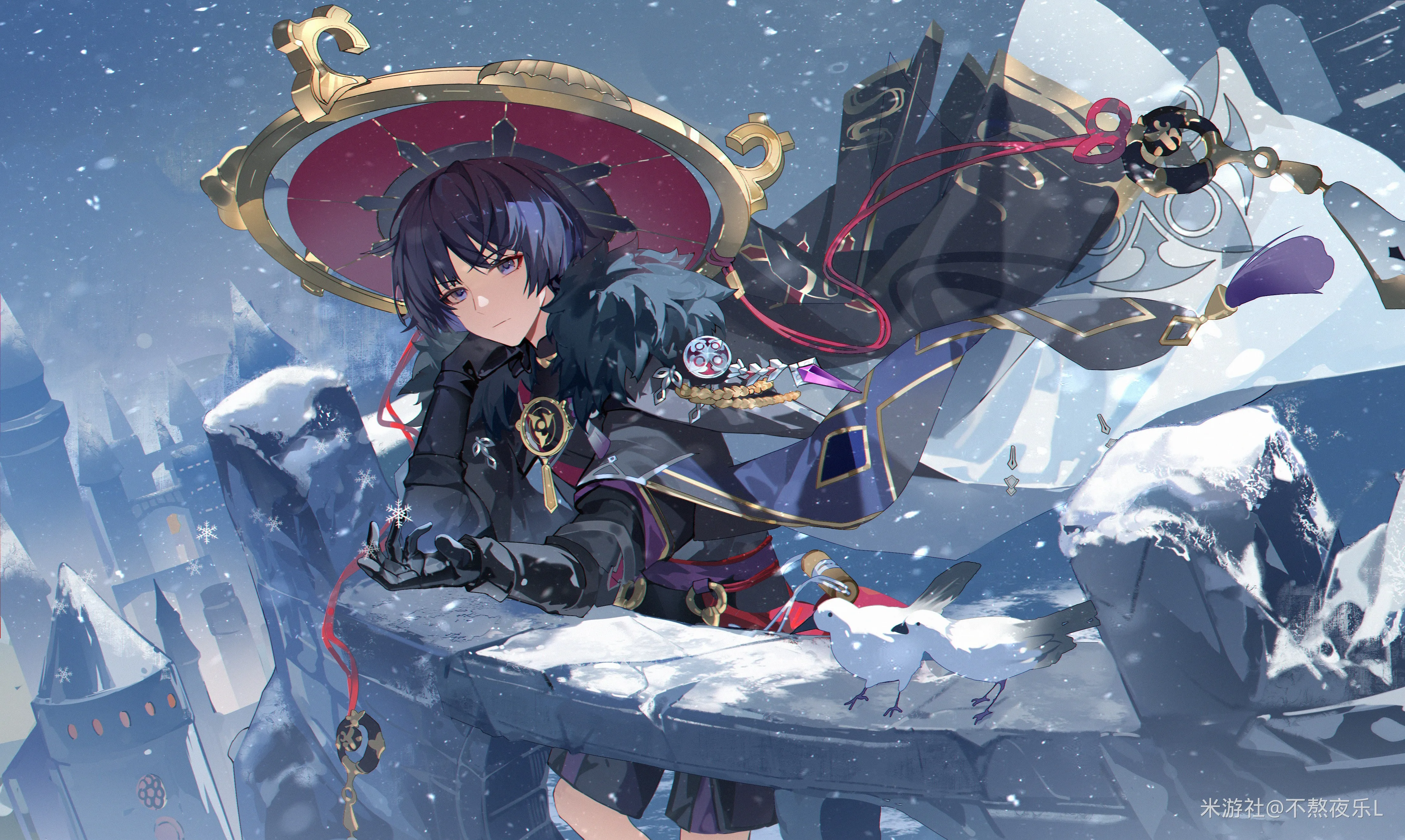 站立 漫游者 原神 动漫 男孩 雪 手套 雪花 鸟 动物 帽子 4K壁纸