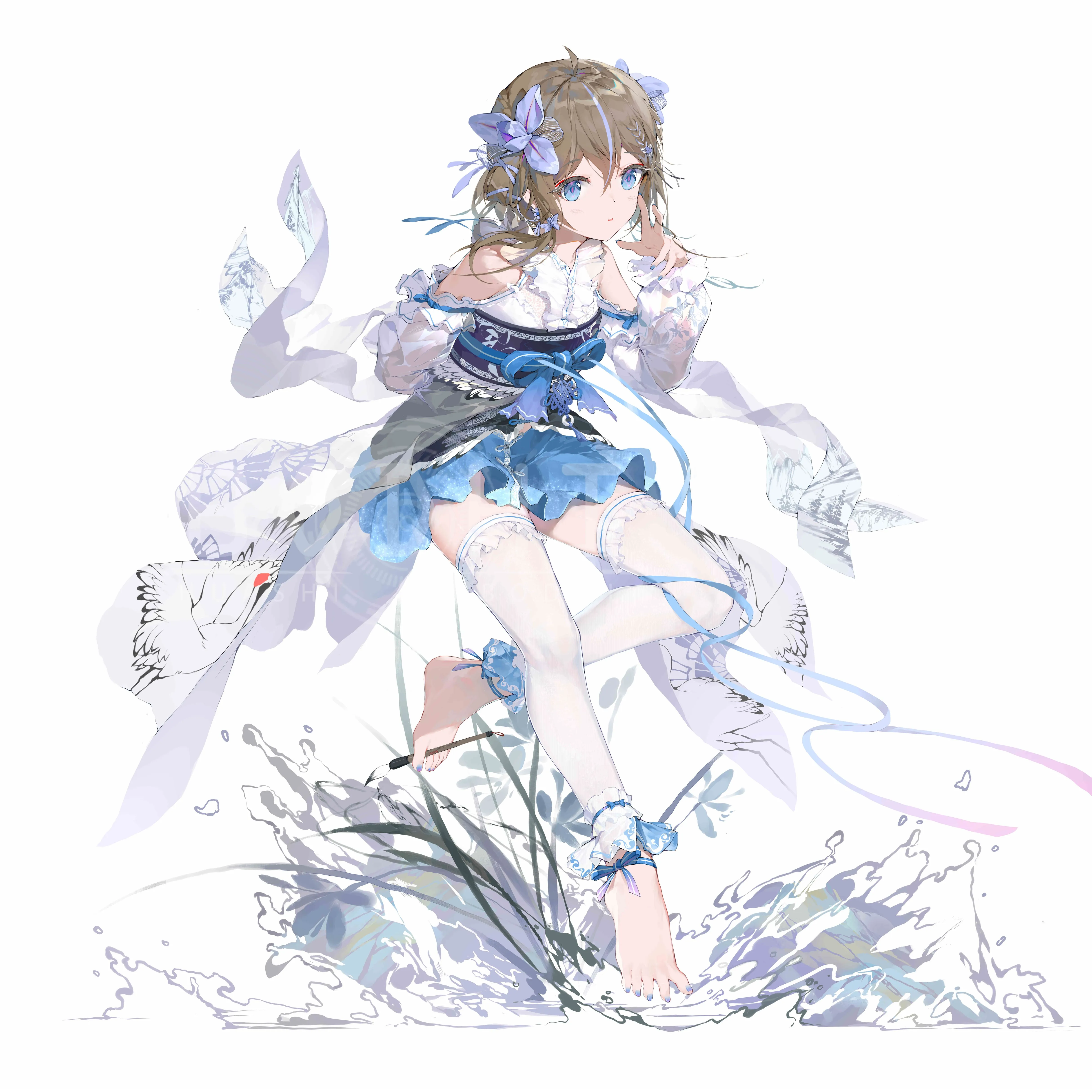 菩提 蓝眼睛 脚 动漫 女孩 长袜 白色背景 极简主义 手机壁纸 4K壁纸