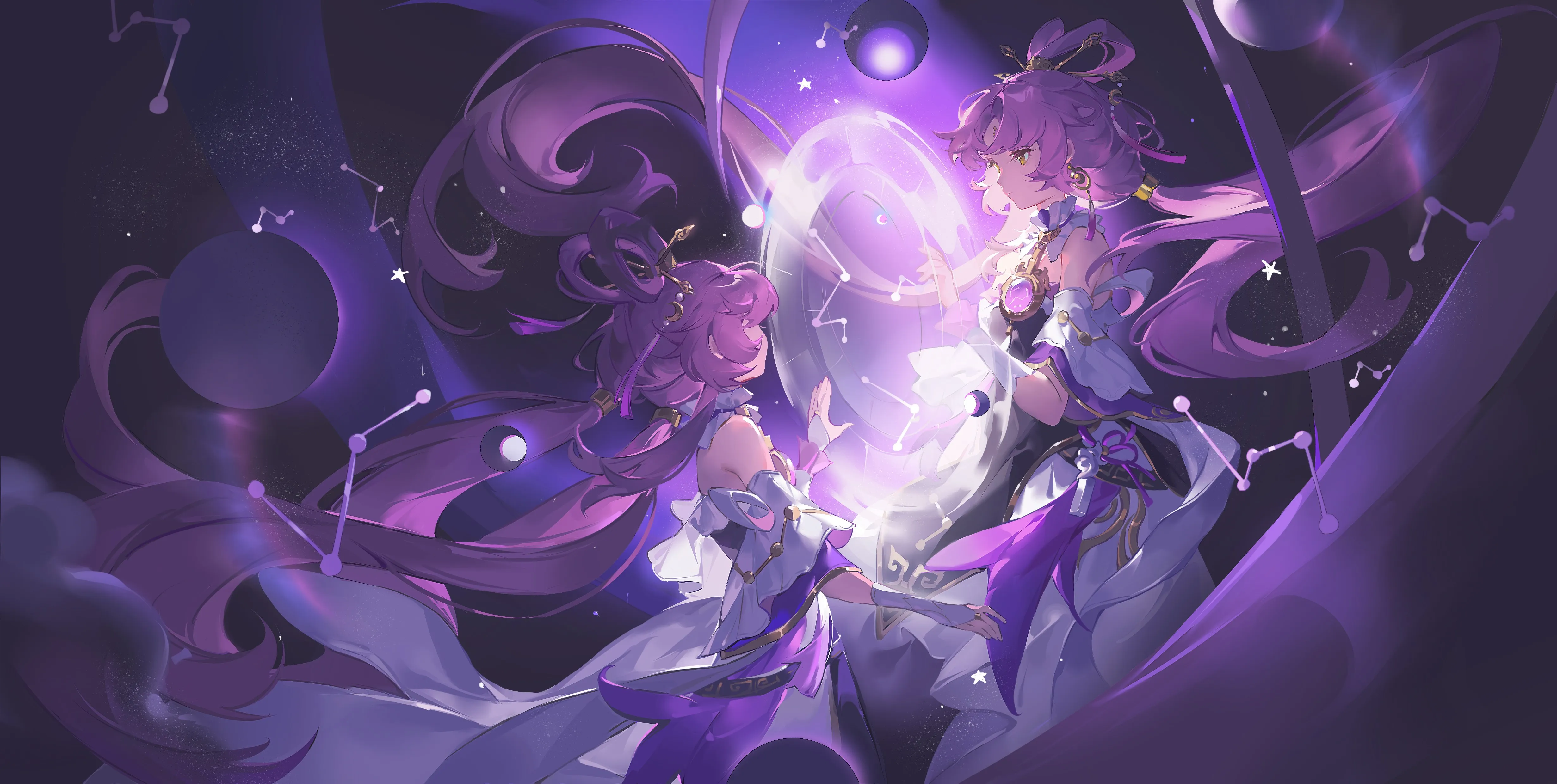 粉色头发 长发 动漫 女孩 星际铁路 黄眼睛 双尾 星座 4K壁纸