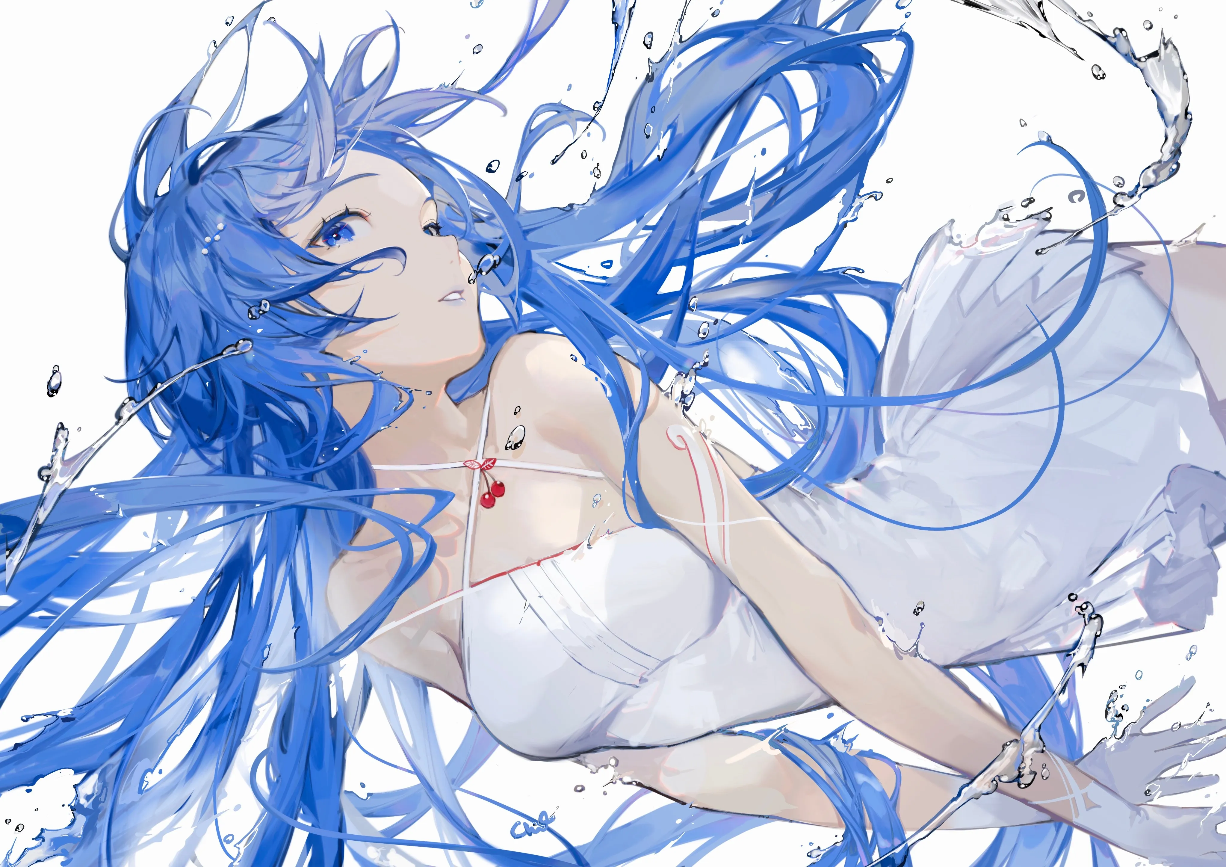 蓝色头发 长发 蓝色眼睛 动漫 女孩 飞溅 水 水滴 白色背景 白色手套 连衣裙 白色连衣裙 4K壁纸