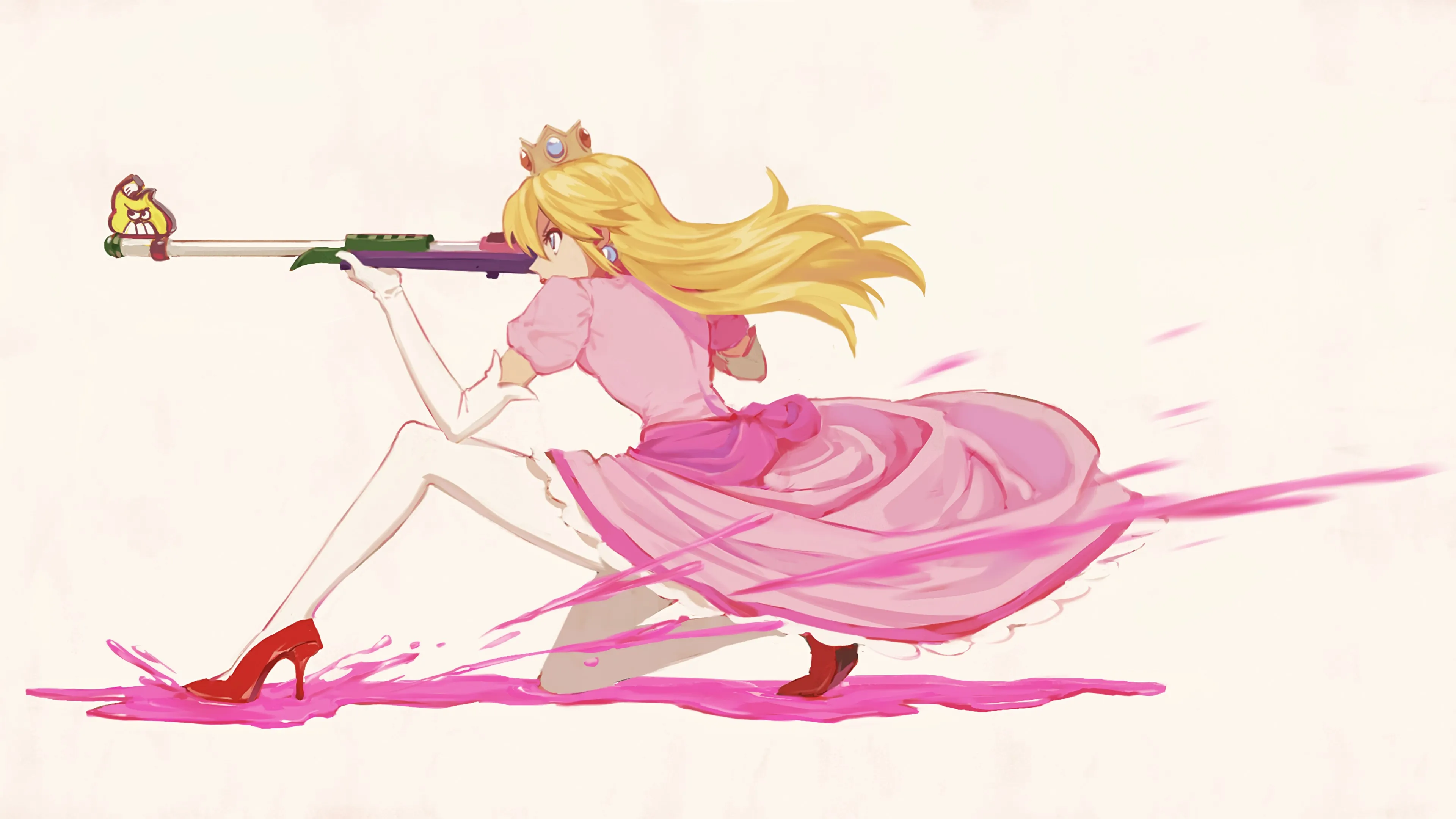 桃子公主 金发 枪支 女孩 超级马里奥 任天堂 射击 马里奥兄弟 游戏CG 白色背景 简单背景 枪 王冠 连衣裙 高跟鞋 4K壁纸