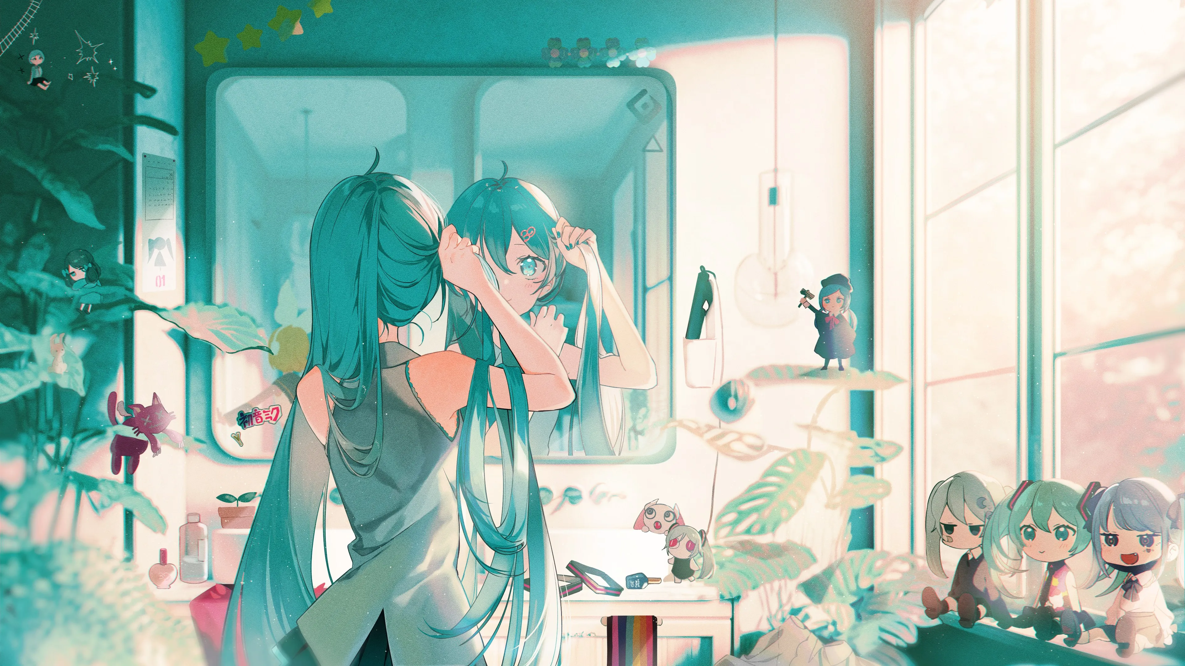 长发 蓝头发 蓝眼睛 初音 动漫 小提琴 女孩 双尾 镜子 倒影 窗户 阳光 4K壁纸