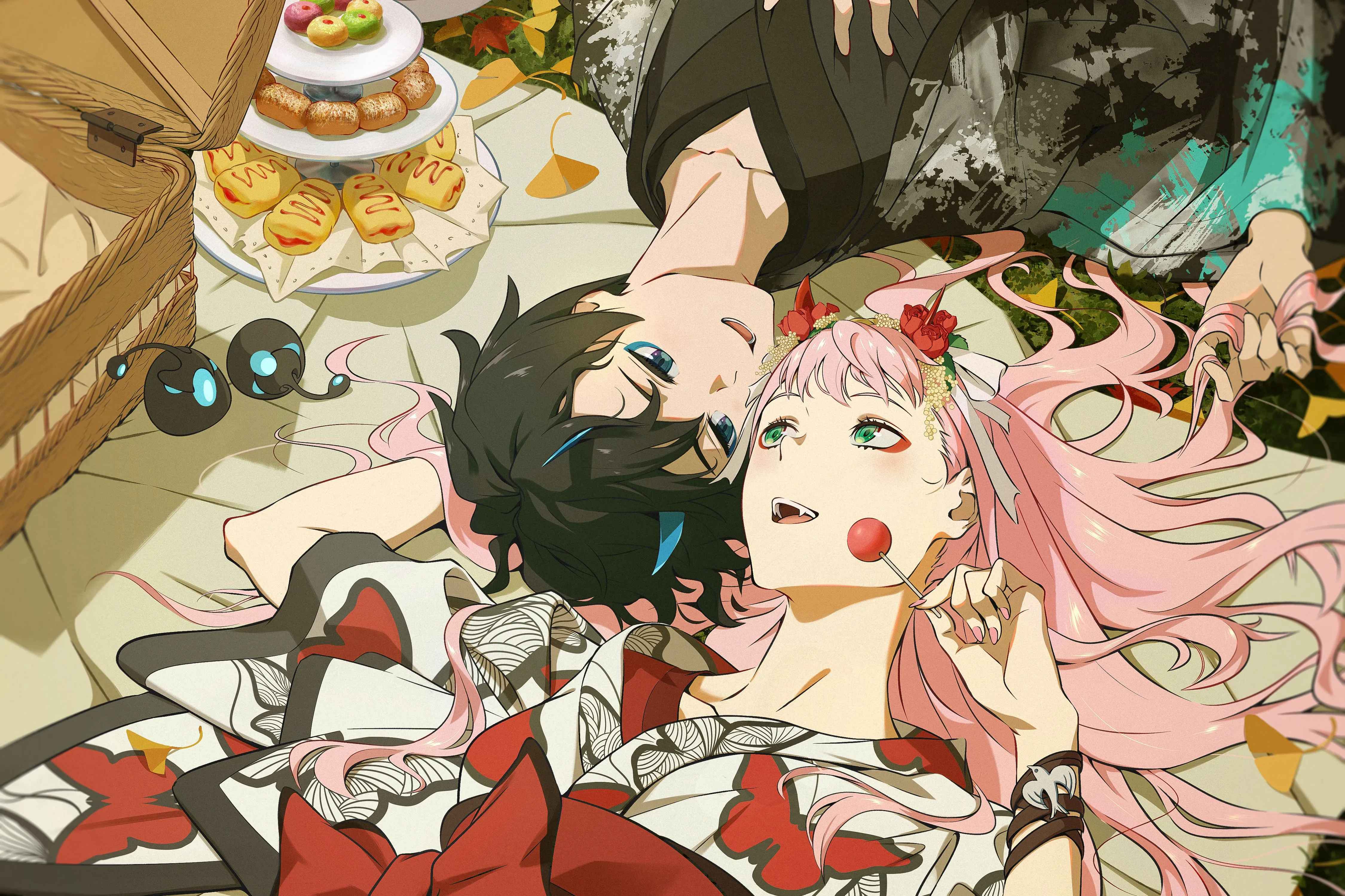 粉色头发 绿色眼睛 动漫 零二 动漫 男孩 女孩 眼影 食物 糖果 DARLING 国家队 4K壁纸