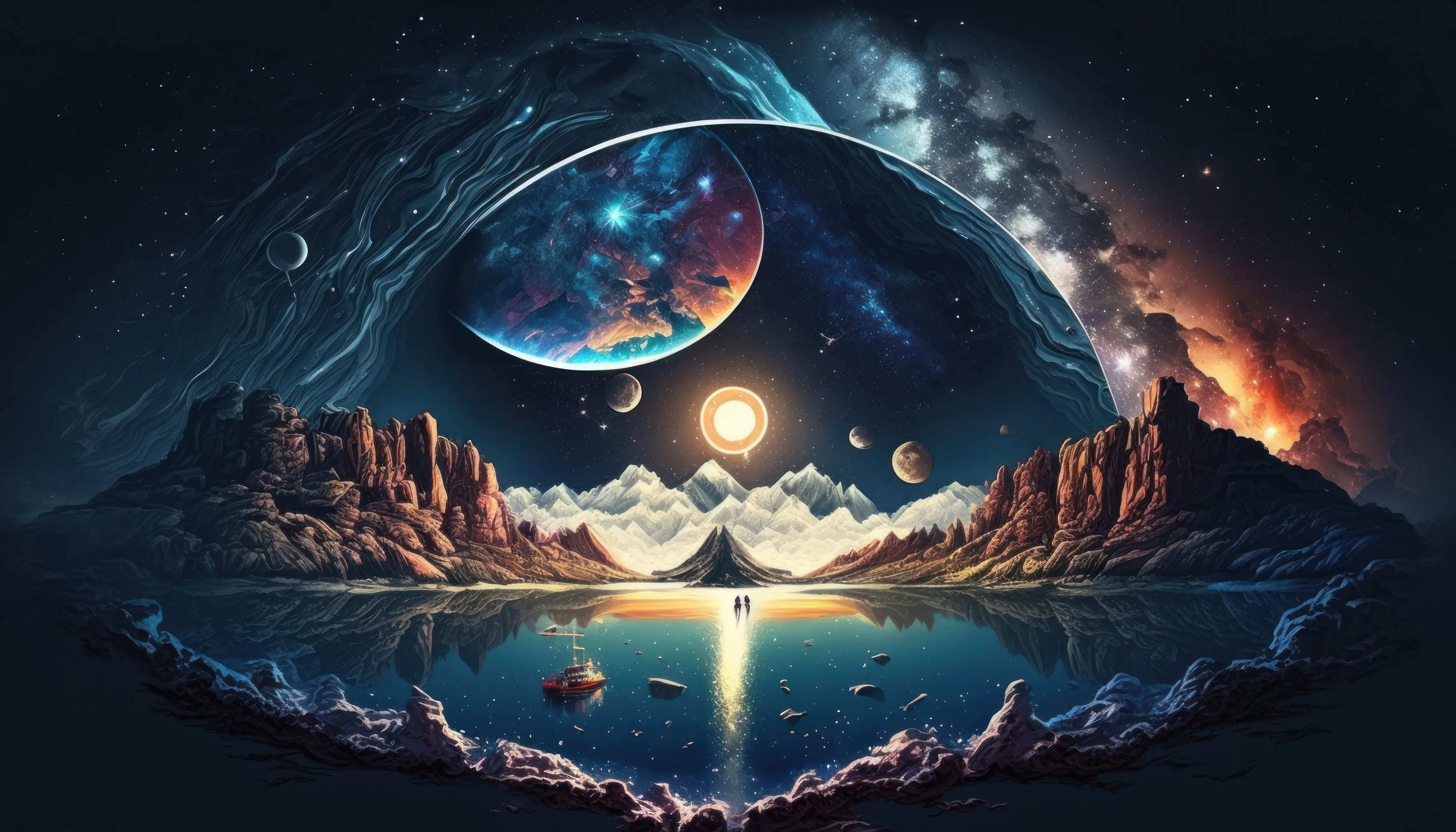 艺术 插图 行星 空间 水 倒影 船 星星 4K壁纸