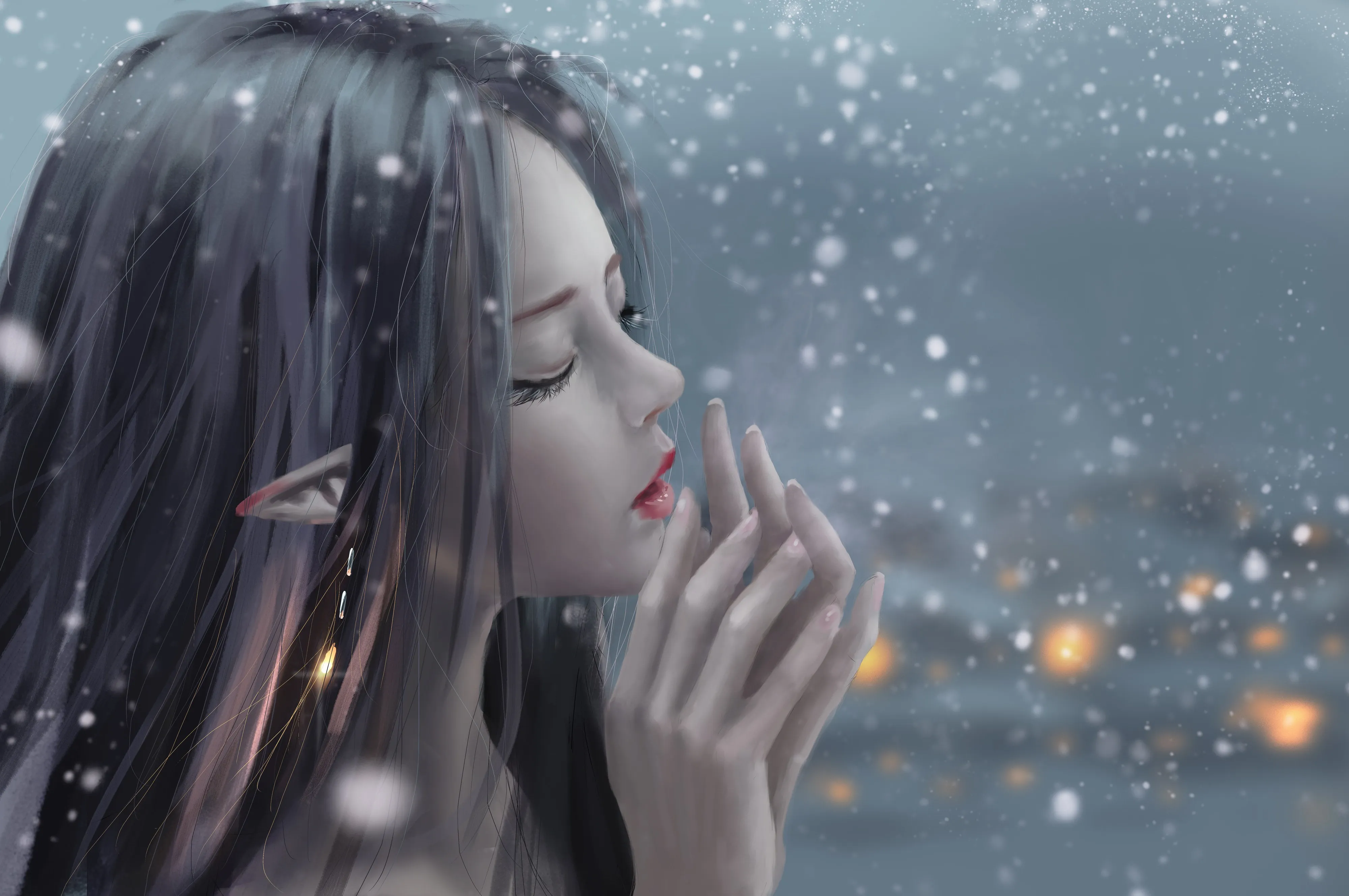 伊迪亚 凯 精灵 夜 雪 画 4K壁纸