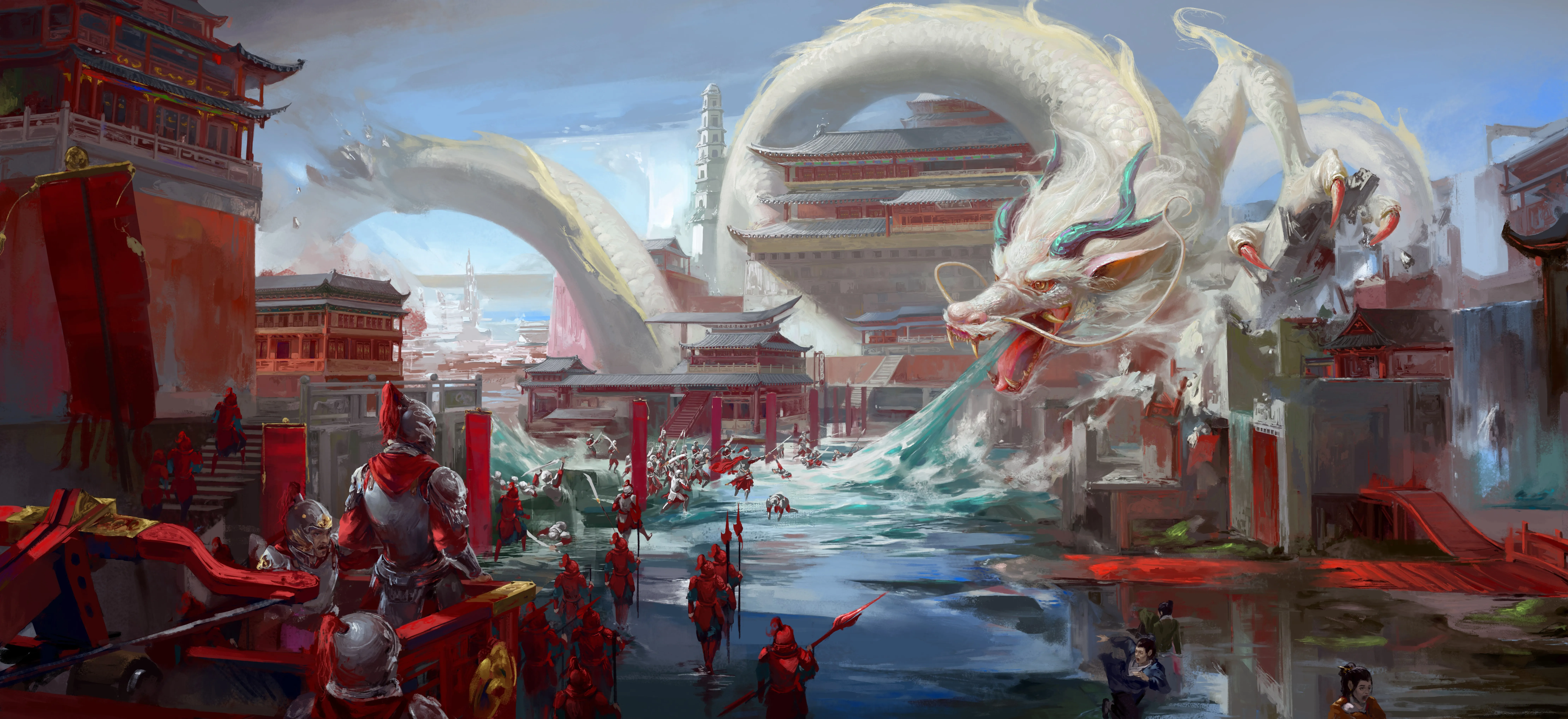 绘画 奇幻艺术 生物 龙 水 中国龙 古建筑 士兵 奇幻 龙王庙 8K壁纸