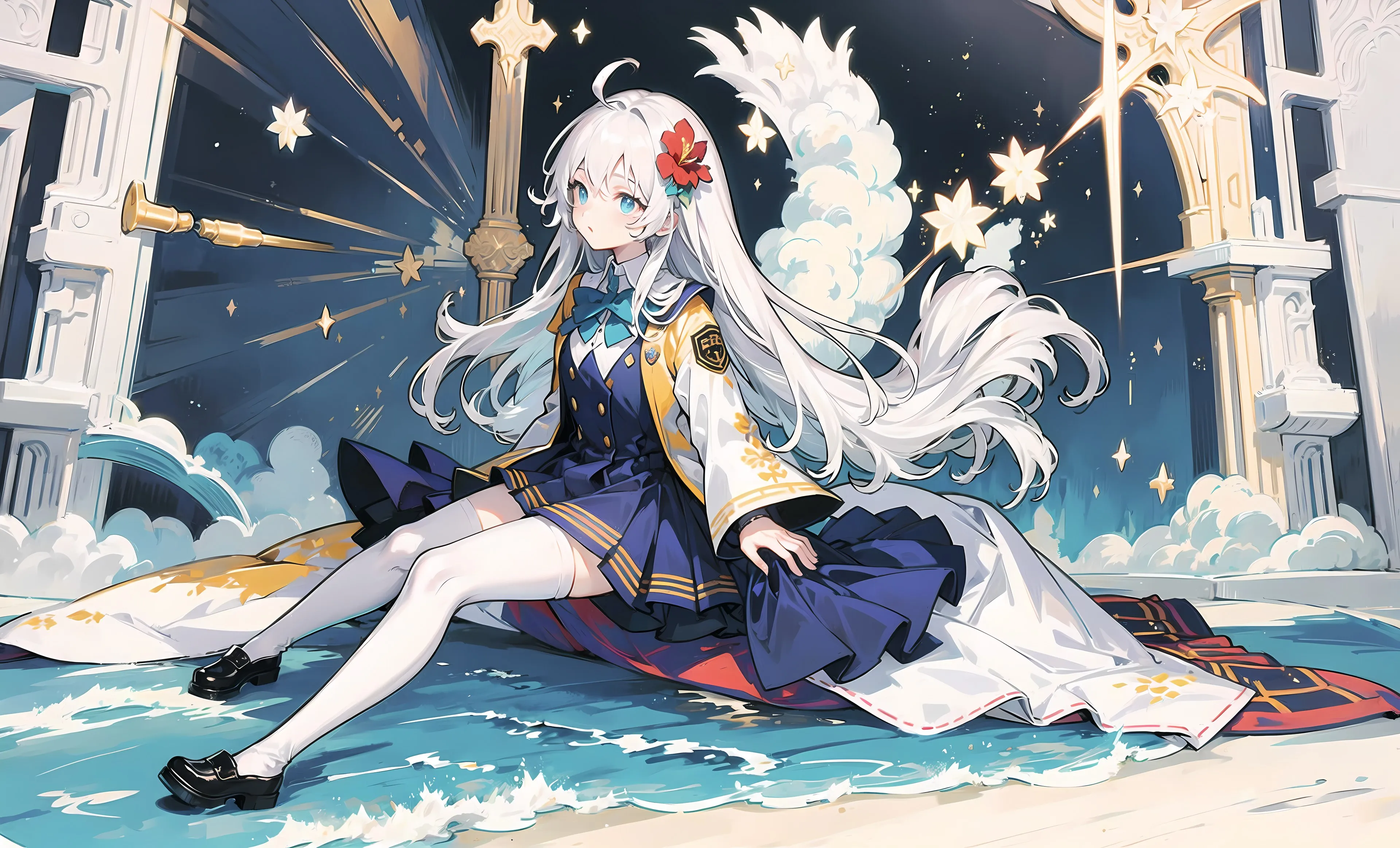 女学生 长发 校服 连衣裙 艺术 动漫 女孩 蝴蝶结 头发上花 长袜 水 星星 裙子 4K壁纸