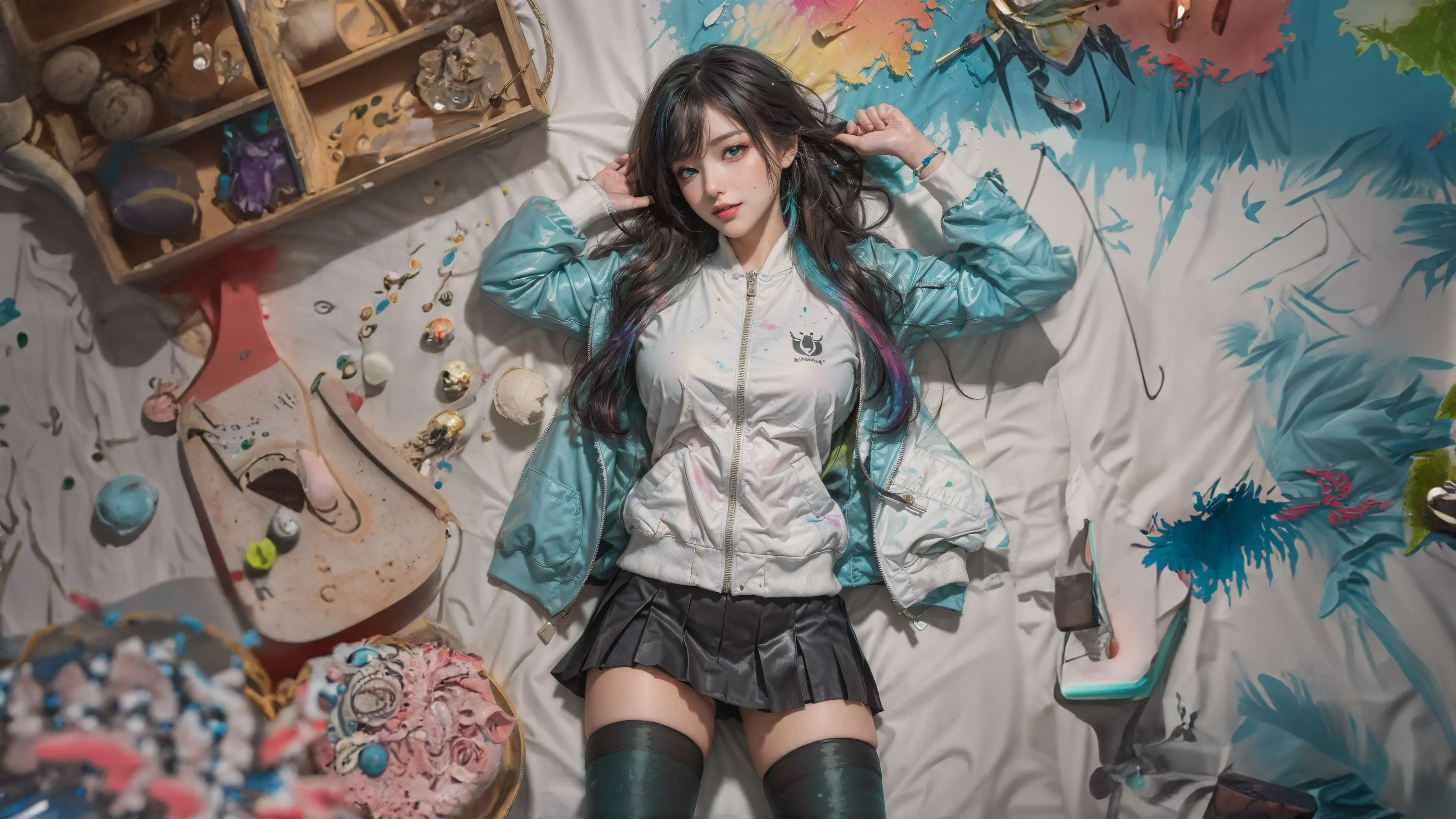 模特 蓝眼睛 躺下 仰卧 艺术 俯视 4K壁纸