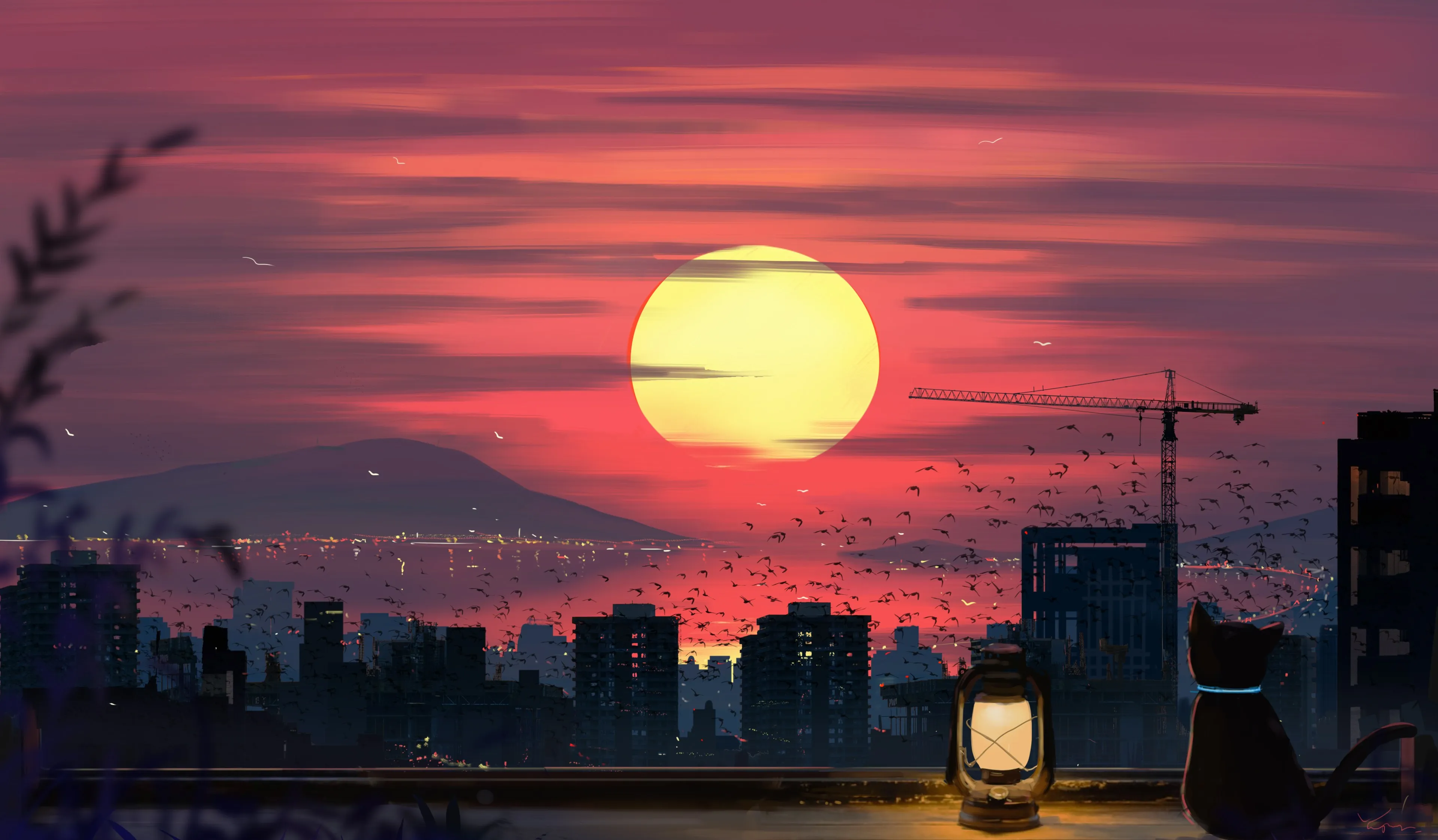 于净 猫 灯笼 建筑 屋顶 起重机 机器 山 天际线 太阳 夕阳 水 云 城市 景观 风景 鸟 4K壁纸