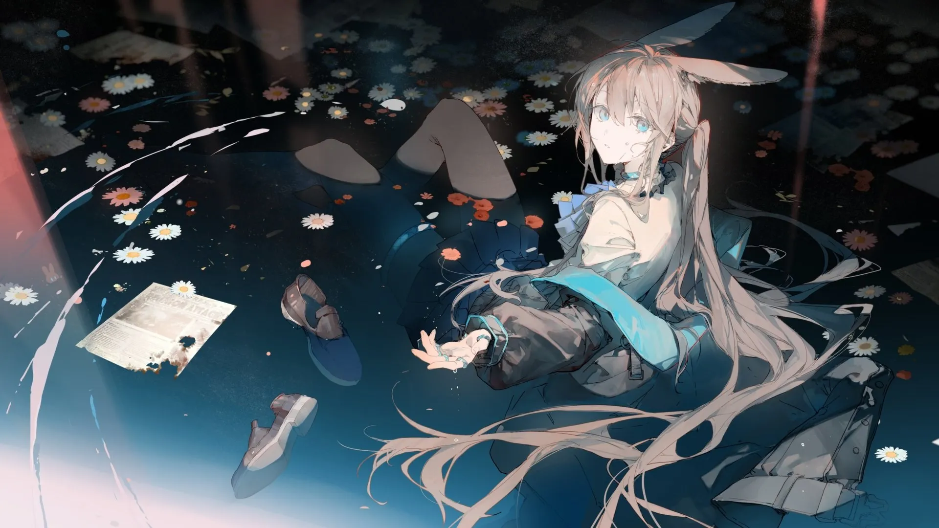 蓝眼睛 长发 水中 鲜花 武士 动漫女孩 水 花瓣 阿米亚 武士