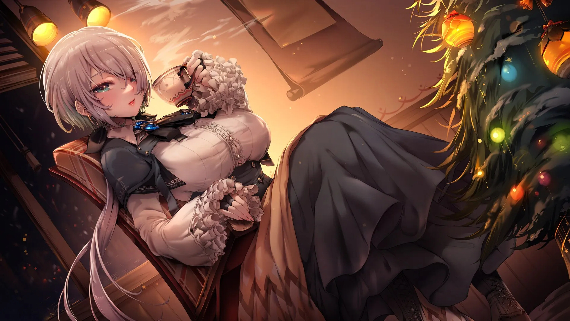 蓝眼睛 白发 蓝眼睛 胜利女神 动漫女孩 一只眼睛受阻 杯子 圣诞树 圣诞