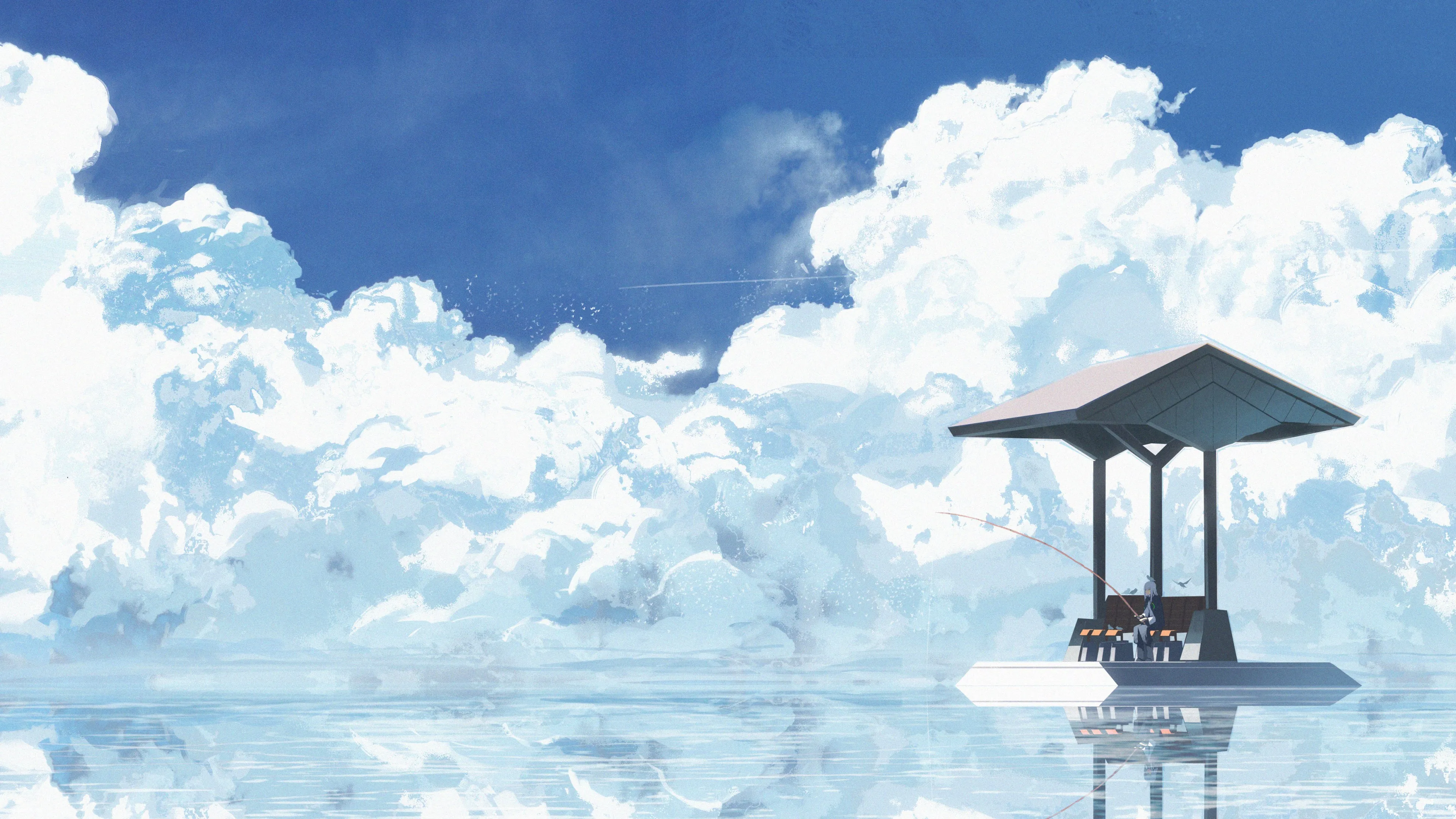 小行星 艺术家 动漫 女孩 云 天空 水 钓鱼 倒影 数字艺术 插图 风景 天空 景观 奇幻艺术 概念艺术 户外 极简主义 超现实 绘画 4K壁纸