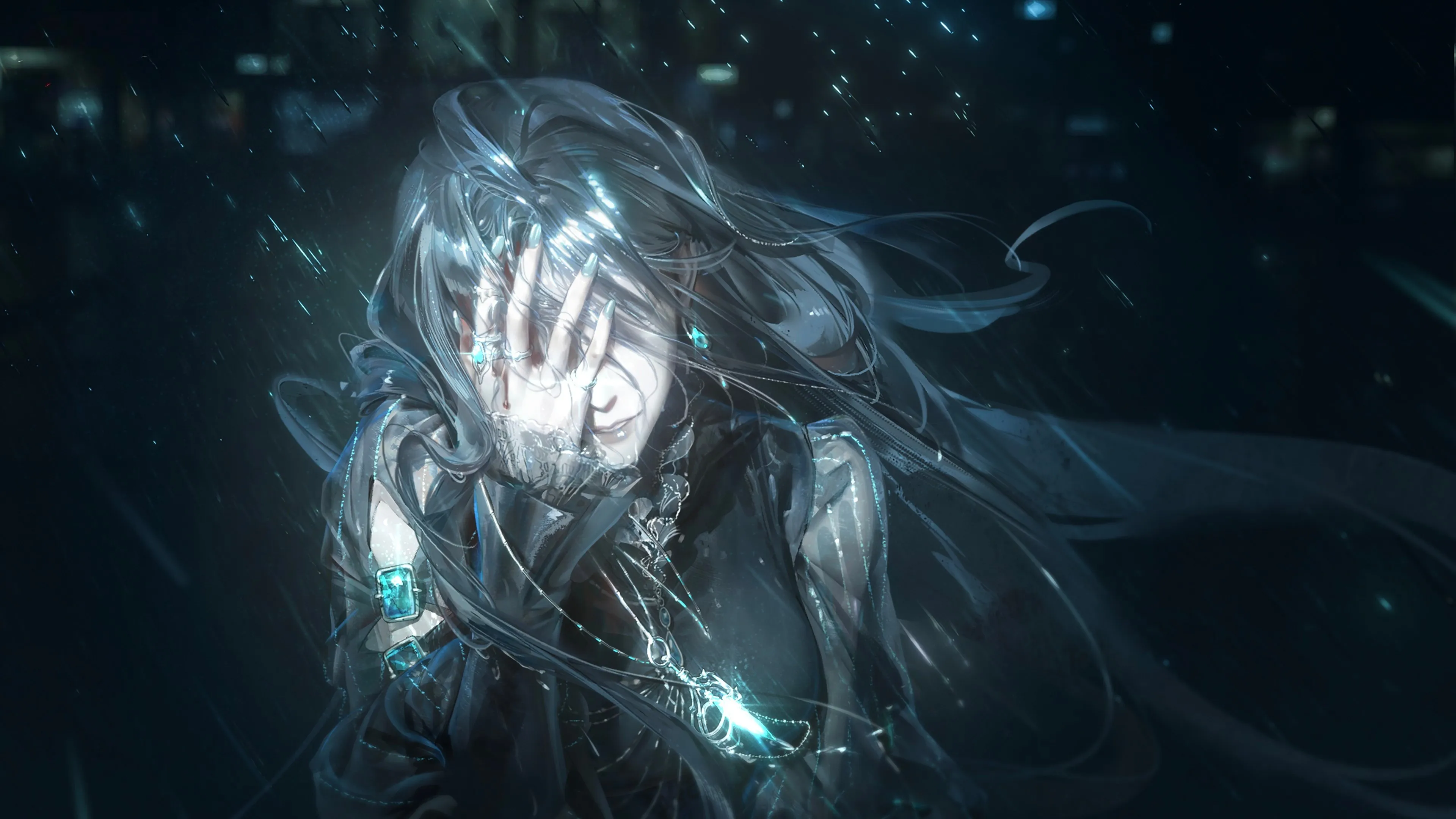 电子 游戏 角色 蓝头发 动漫 女孩 数字艺术 无路之路 血液 眼泪 4K壁纸