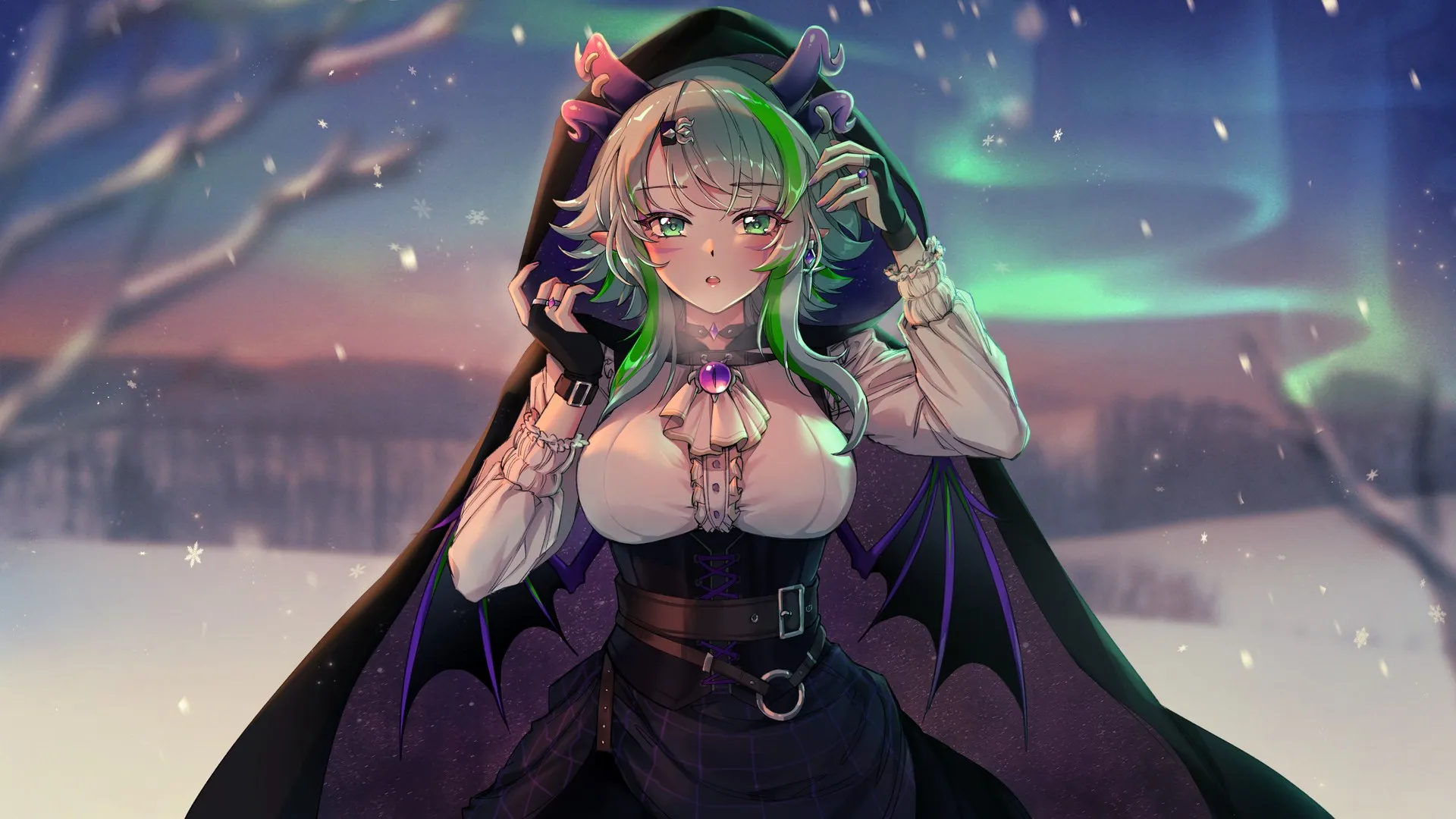 动漫女孩 翅膀 虚拟 斗篷 角 雪 巫妖