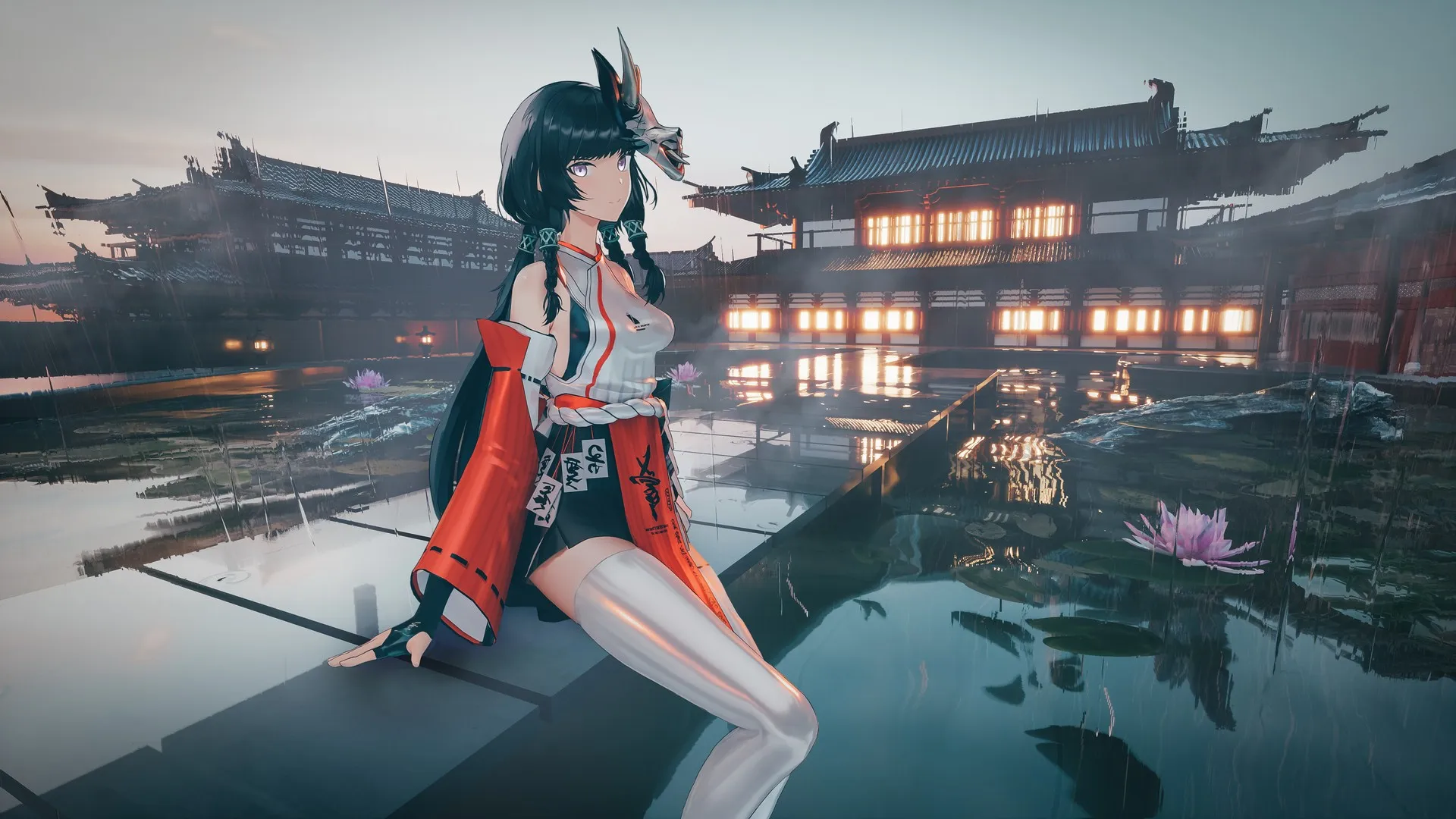 西摩 辫子 紫色的头发 睡莲 水 雨