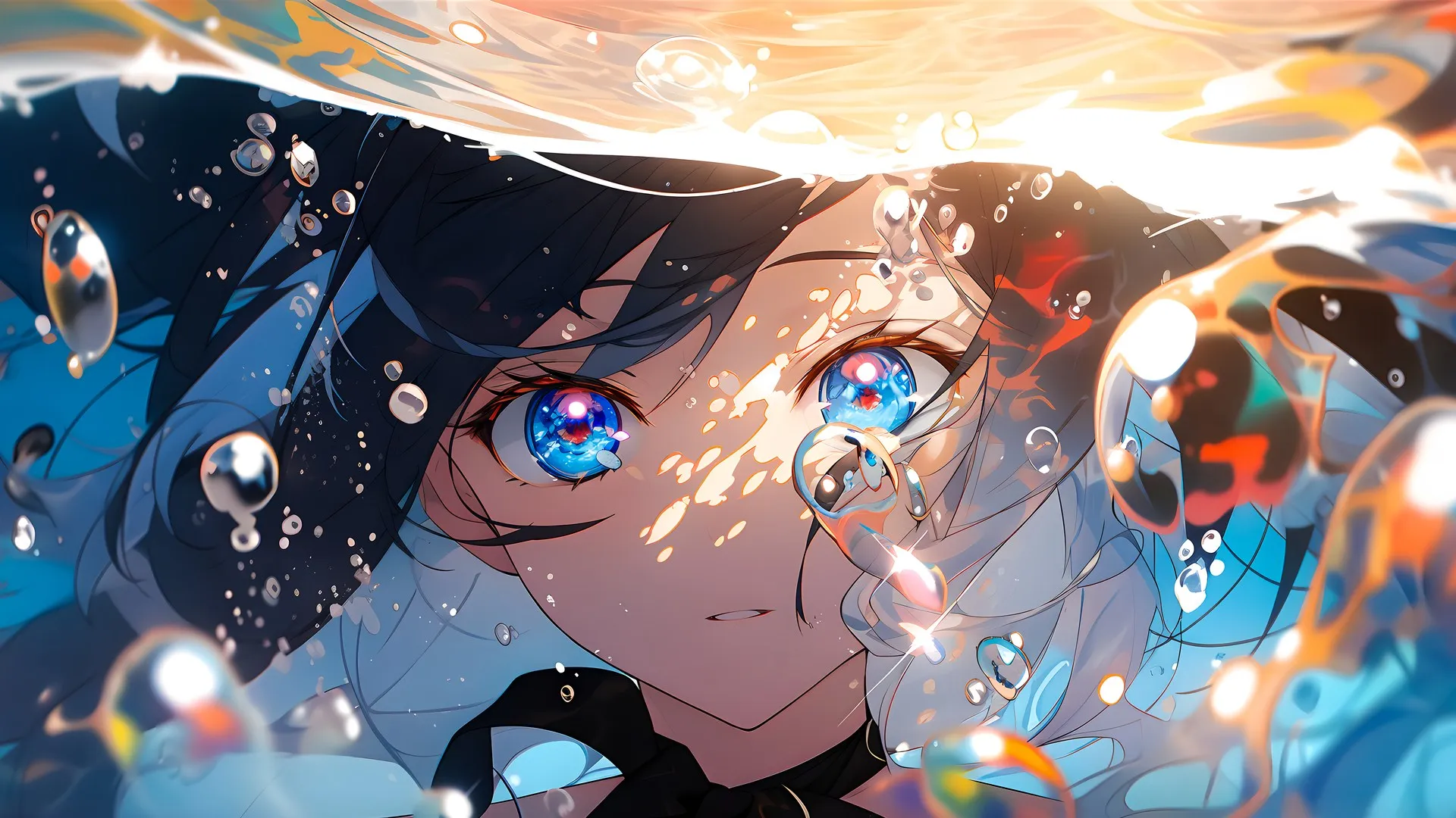 蓝眼睛 蓝头发 水下 泡泡 动漫女孩 水