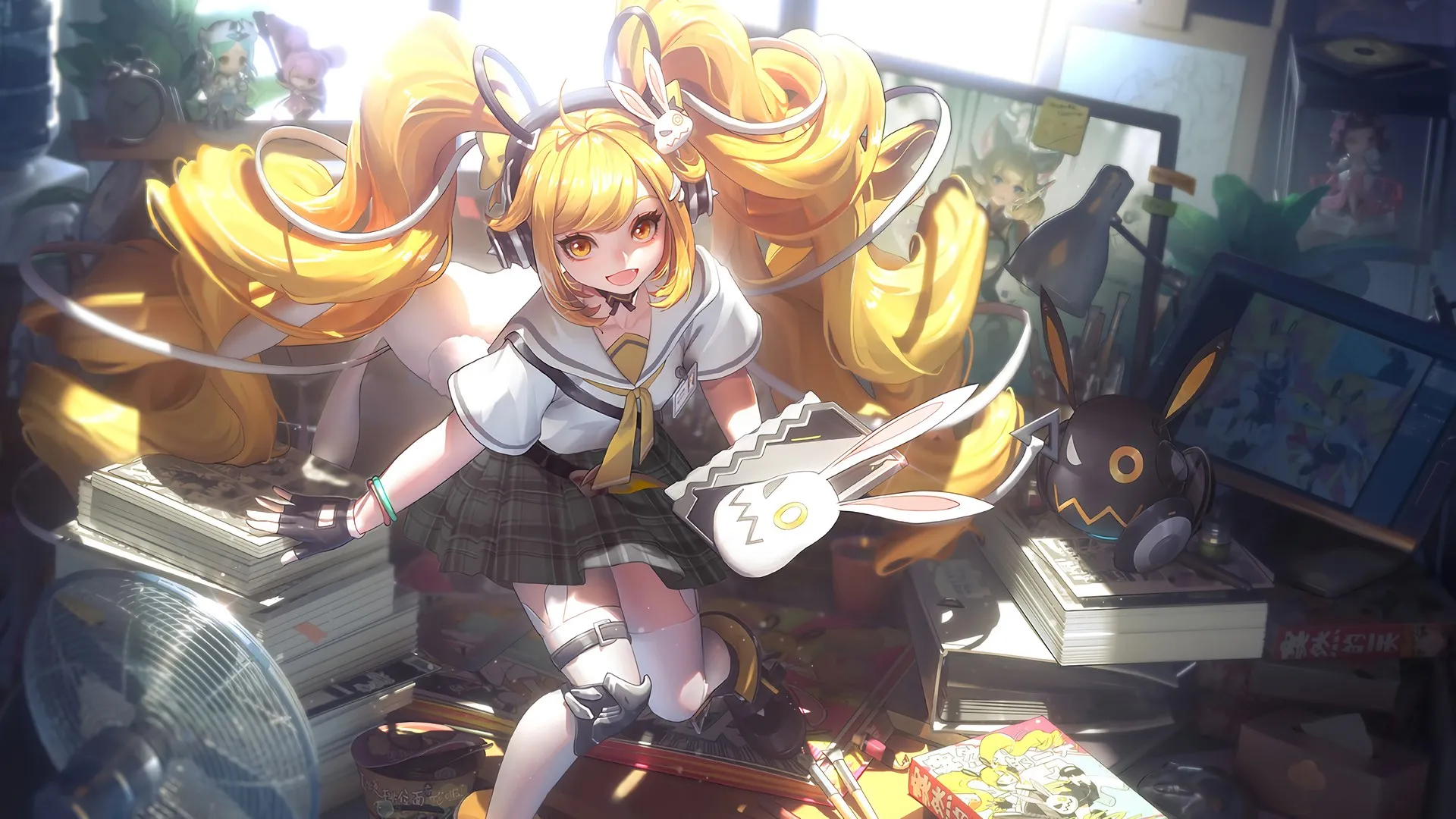 王者荣耀 安琪拉 动漫女孩 双尾 黄眼睛 校服