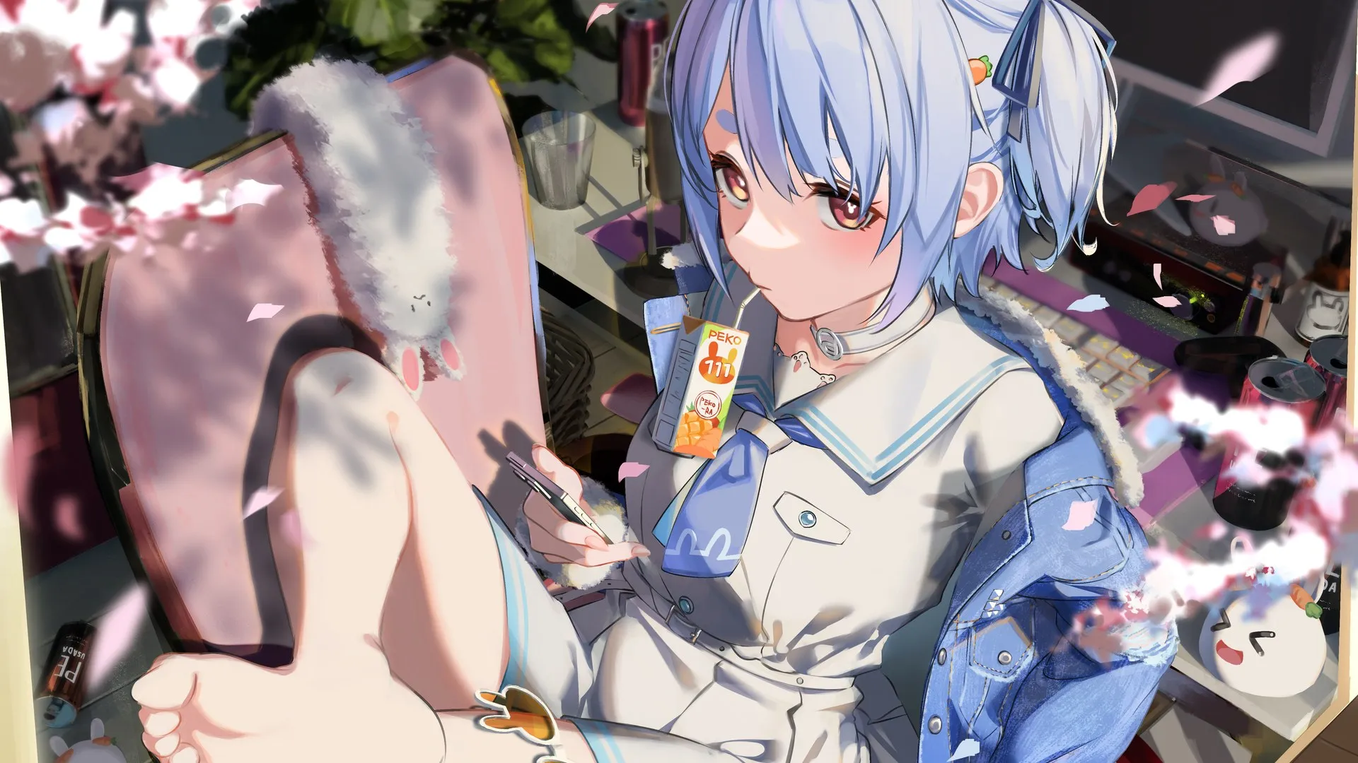 蓝头发 双脚 赤脚 坐着 动漫 动漫女孩 双尾 连衣裙 白色连衣裙