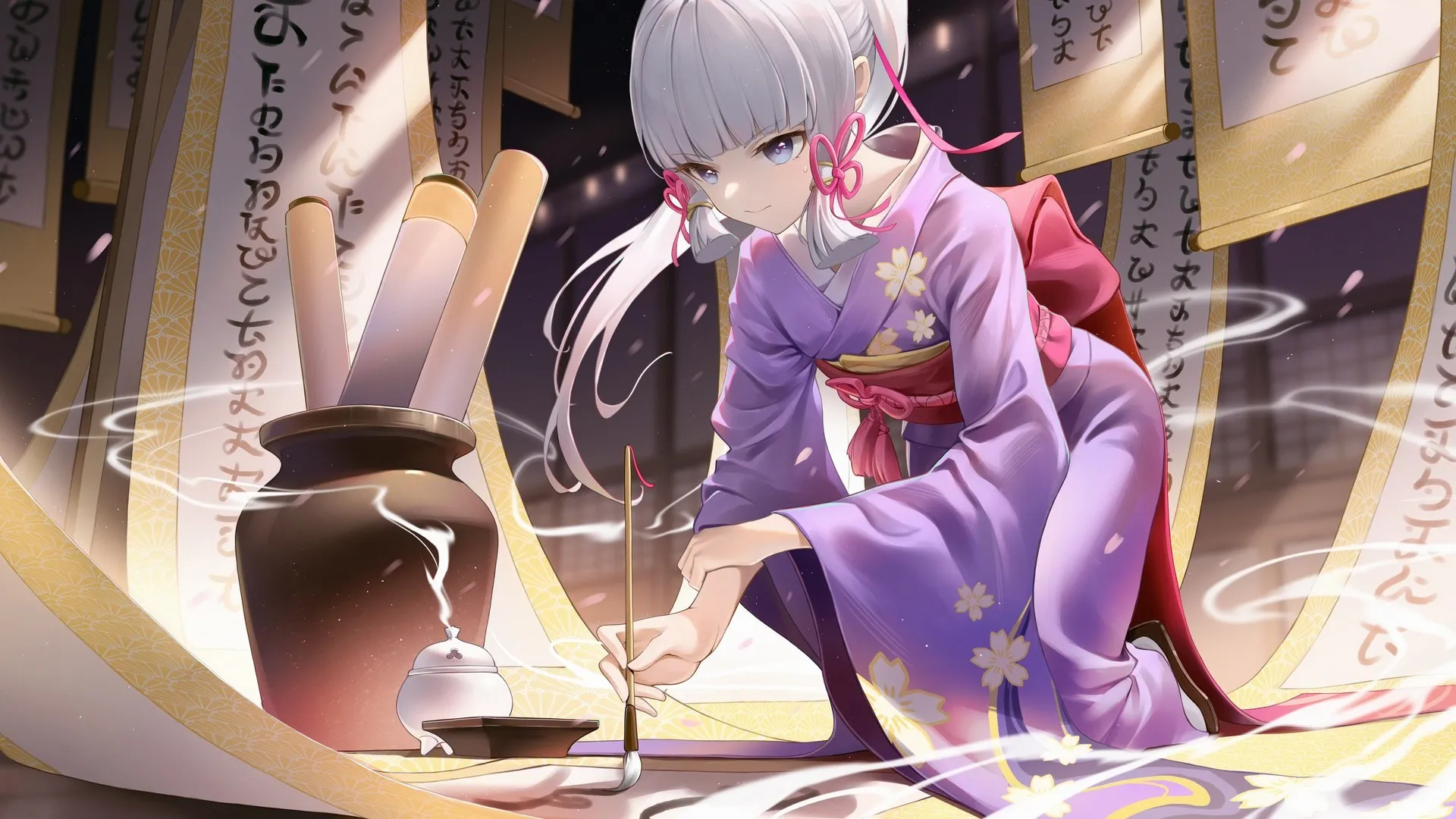 电子游戏角色 白发 蓝眼睛 练习书法的女孩 和服