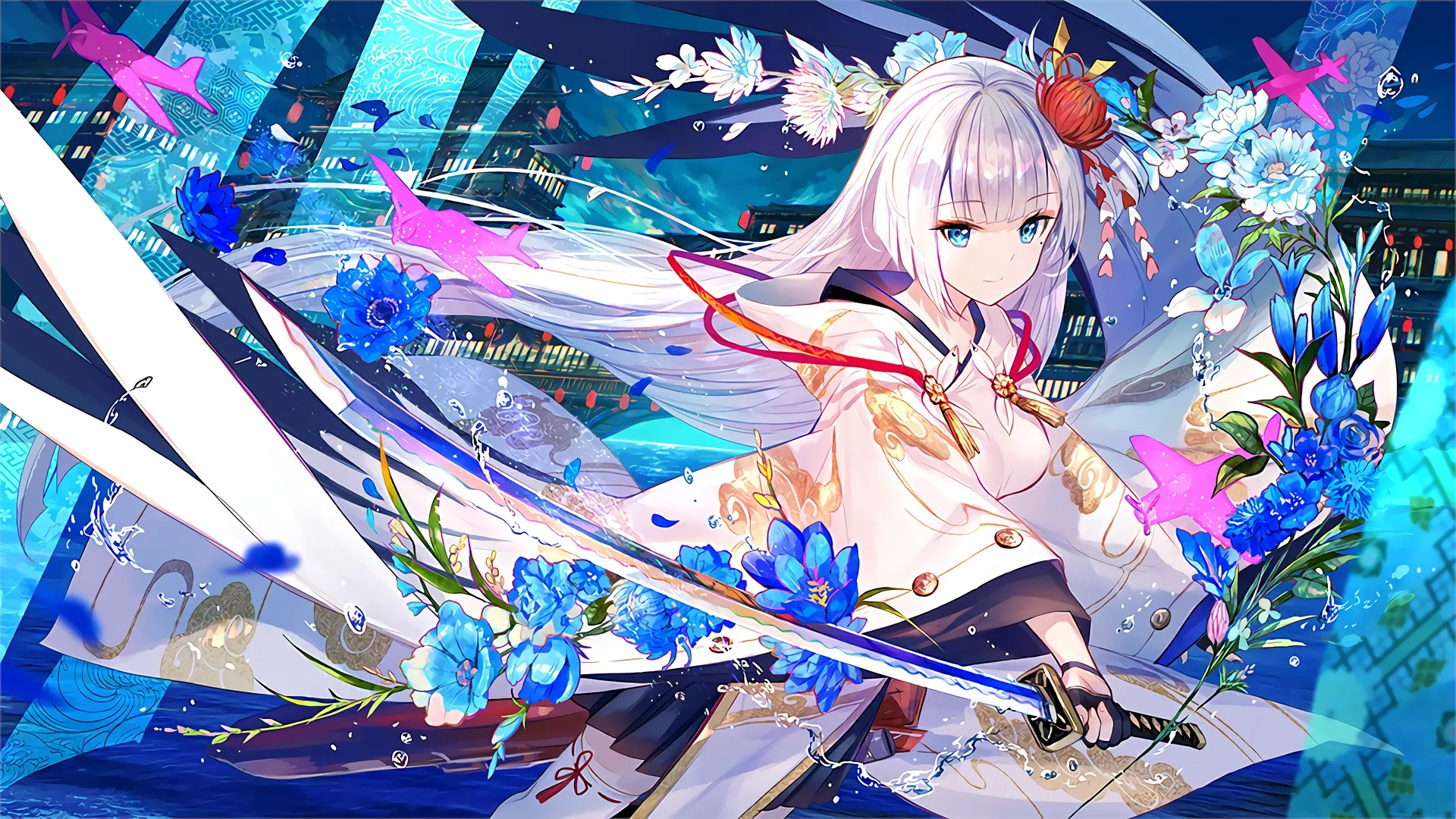 蓝眼睛 富士 碧蓝航线 碧蓝航线 动漫女孩 服装 武侠 银发 鲜花 电脑壁纸 4K壁纸